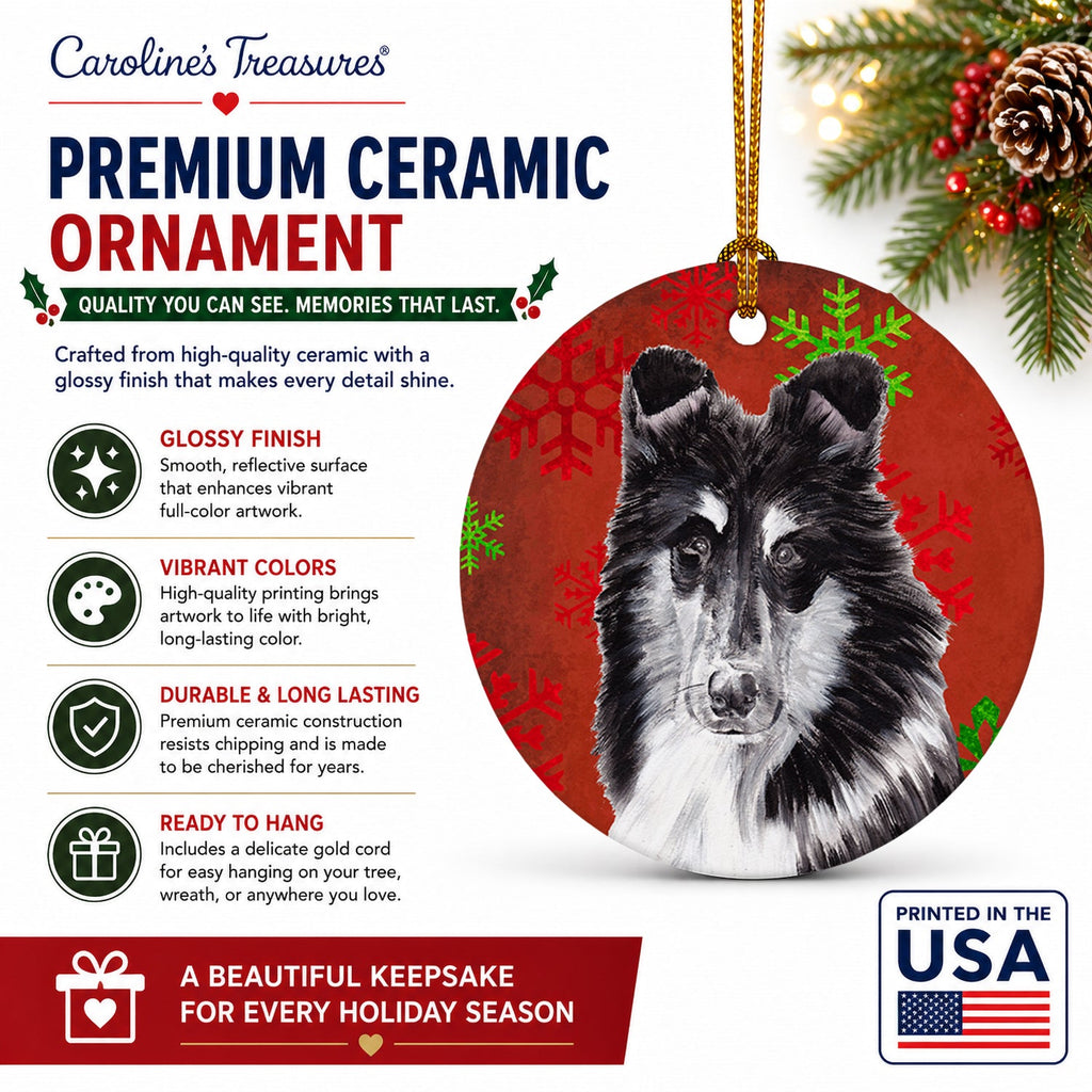 Black and White Collie Red Snowflakes Holiday Ceramic Ornament Christmas Tree Hanging Decorations for Home Christmas Holiday, Party, Gift, 3 in, Multicolor