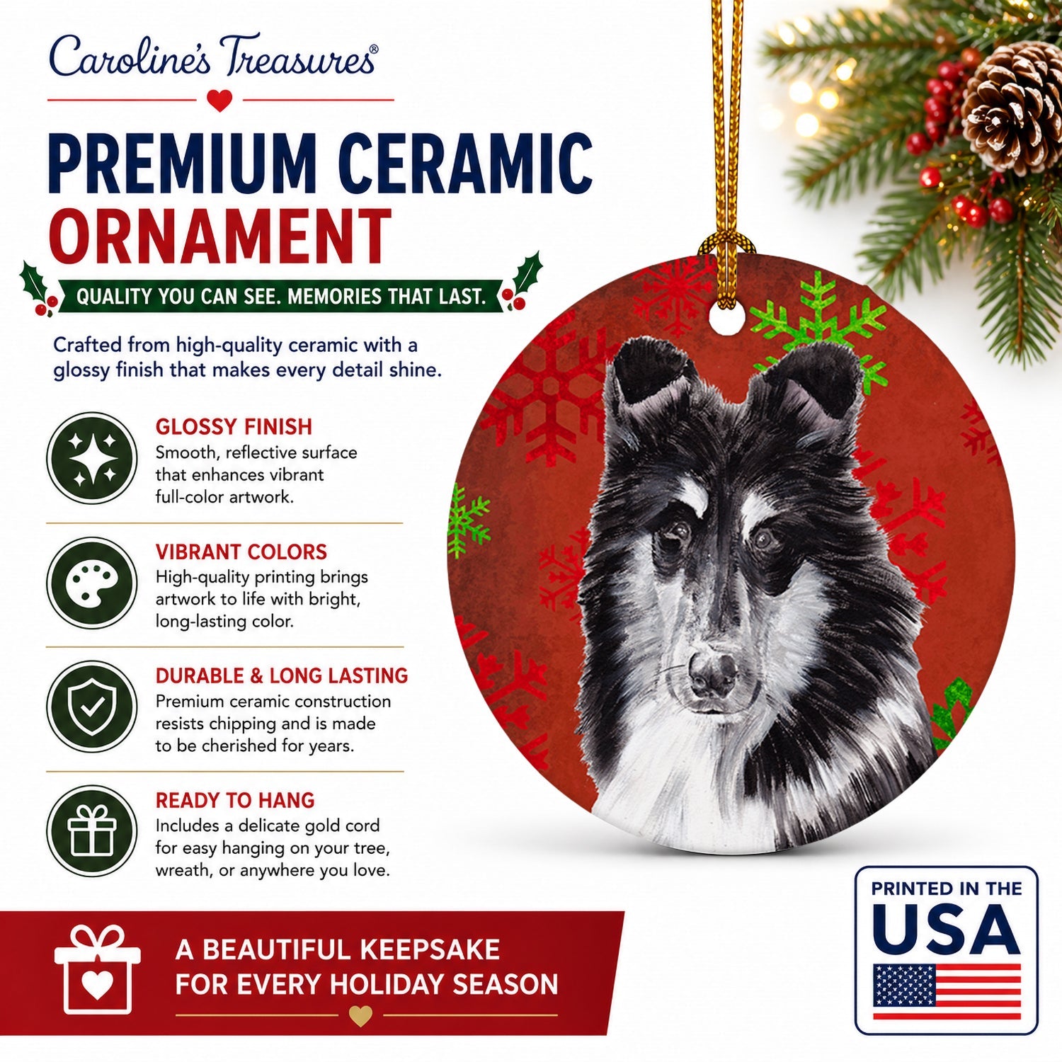Black and White Collie Red Snowflakes Holiday Ceramic Ornament Christmas Tree Hanging Decorations for Home Christmas Holiday, Party, Gift, 3 in, Multicolor