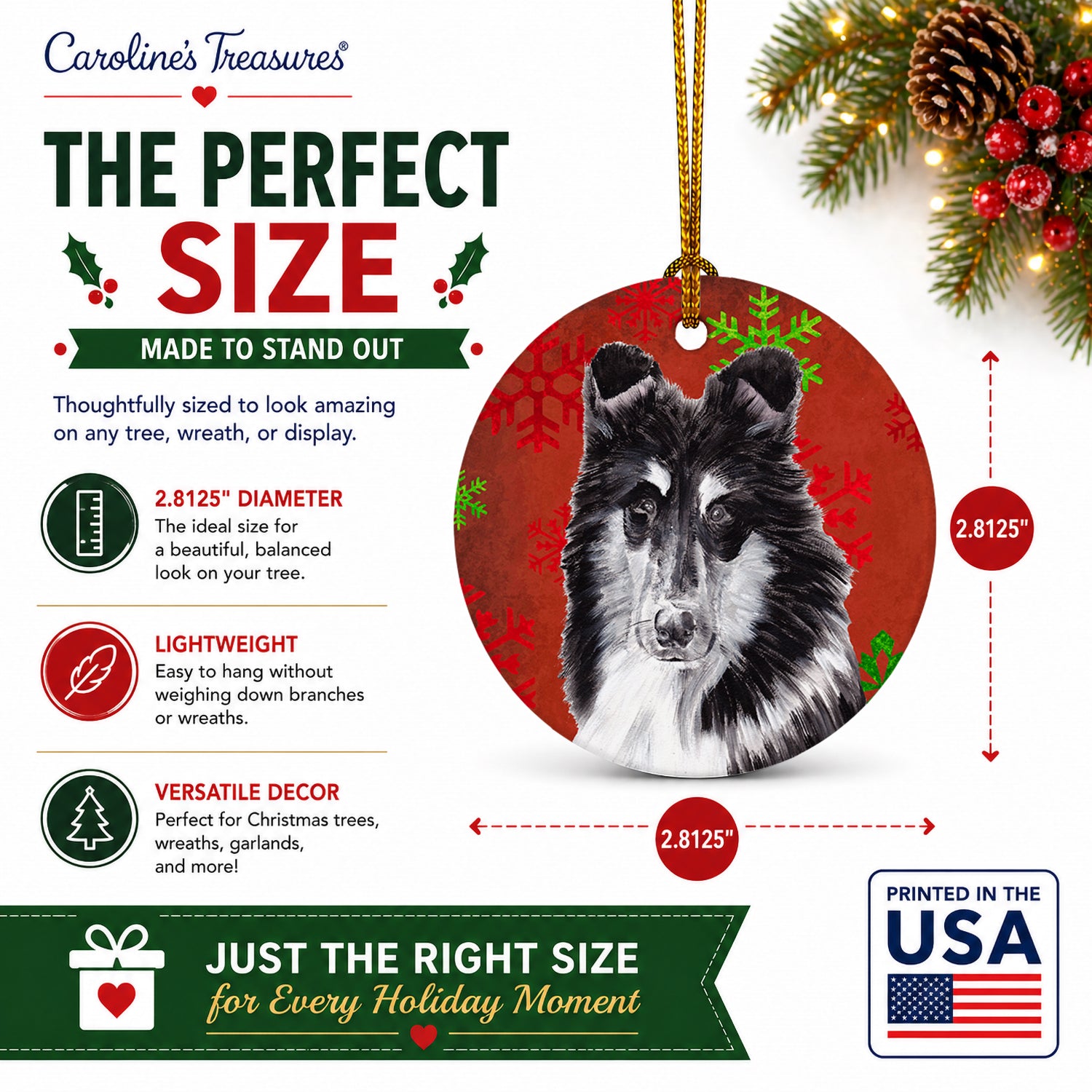 Black and White Collie Red Snowflakes Holiday Ceramic Ornament Christmas Tree Hanging Decorations for Home Christmas Holiday, Party, Gift, 3 in, Multicolor