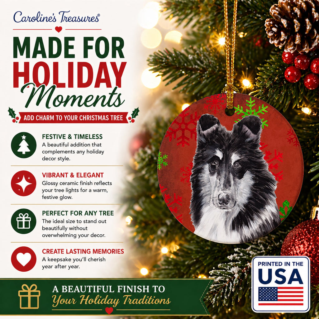 Black and White Collie Red Snowflakes Holiday Ceramic Ornament Christmas Tree Hanging Decorations for Home Christmas Holiday, Party, Gift, 3 in, Multicolor