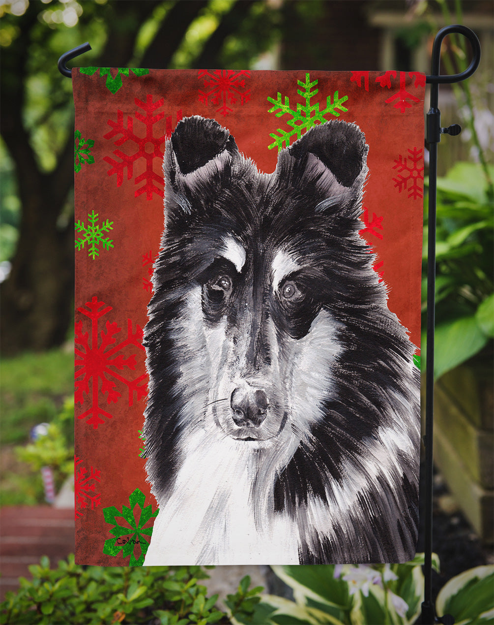 Black and White Collie Red Snowflakes Holiday Garden Flag Mailbox Decorative Yard Banner Outside Patio Artwork for Flower Beds, Garden Size, Multicolor