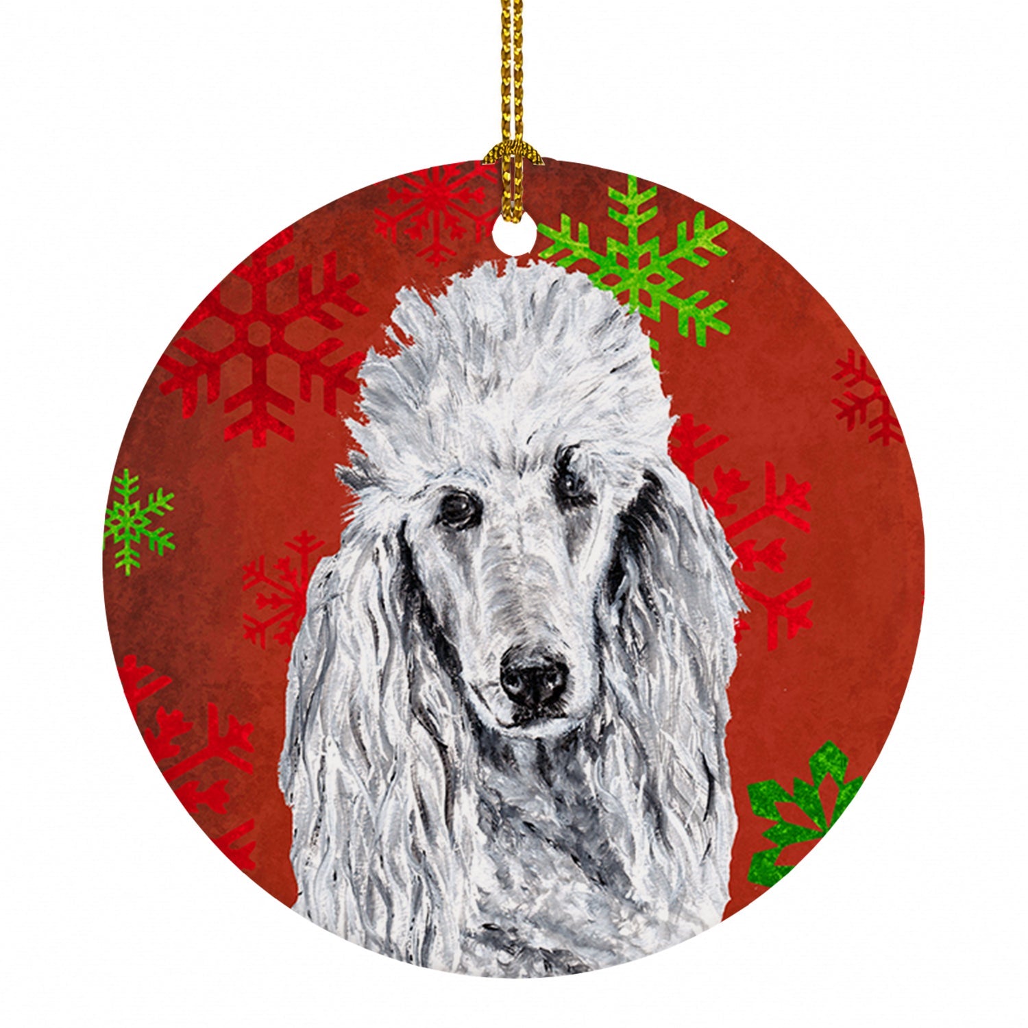 White Standard Poodle Red Snowflakes Holiday Ceramic Ornament Christmas Tree Hanging Decorations for Home Christmas Holiday, Party, Gift, 3 in, Multicolor