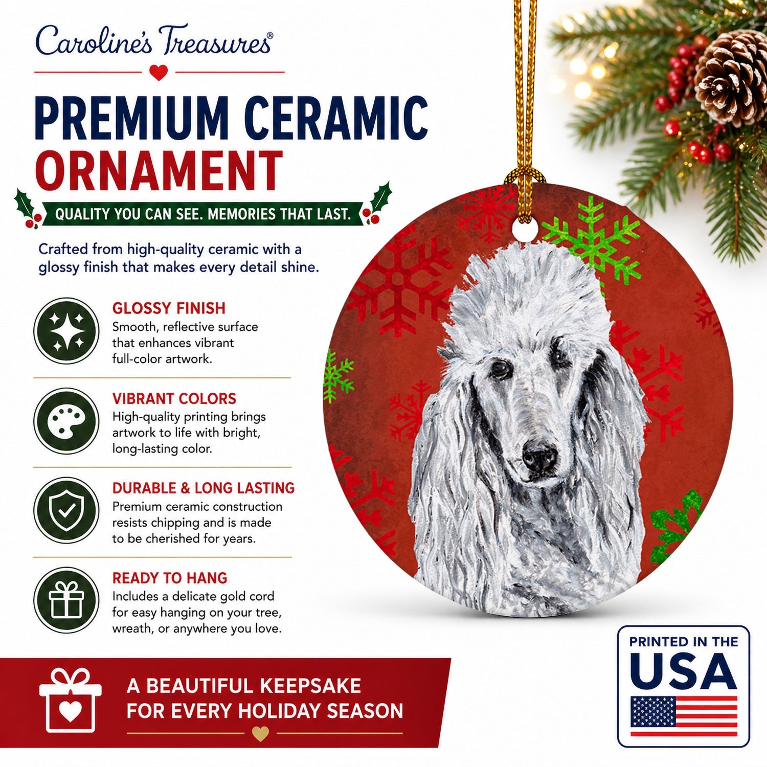 White Standard Poodle Red Snowflakes Holiday Ceramic Ornament Christmas Tree Hanging Decorations for Home Christmas Holiday, Party, Gift, 3 in, Multicolor