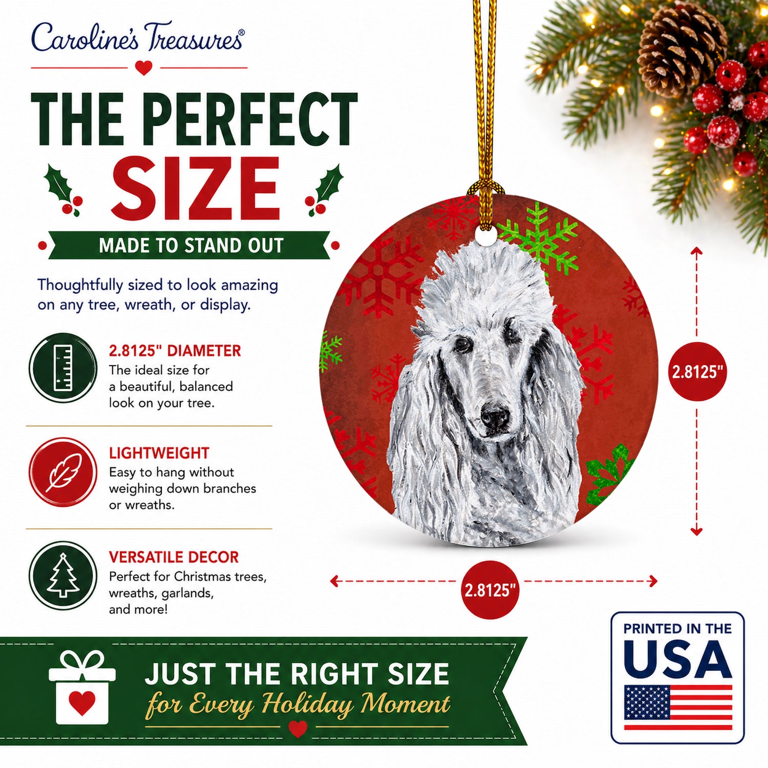 White Standard Poodle Red Snowflakes Holiday Ceramic Ornament Christmas Tree Hanging Decorations for Home Christmas Holiday, Party, Gift, 3 in, Multicolor