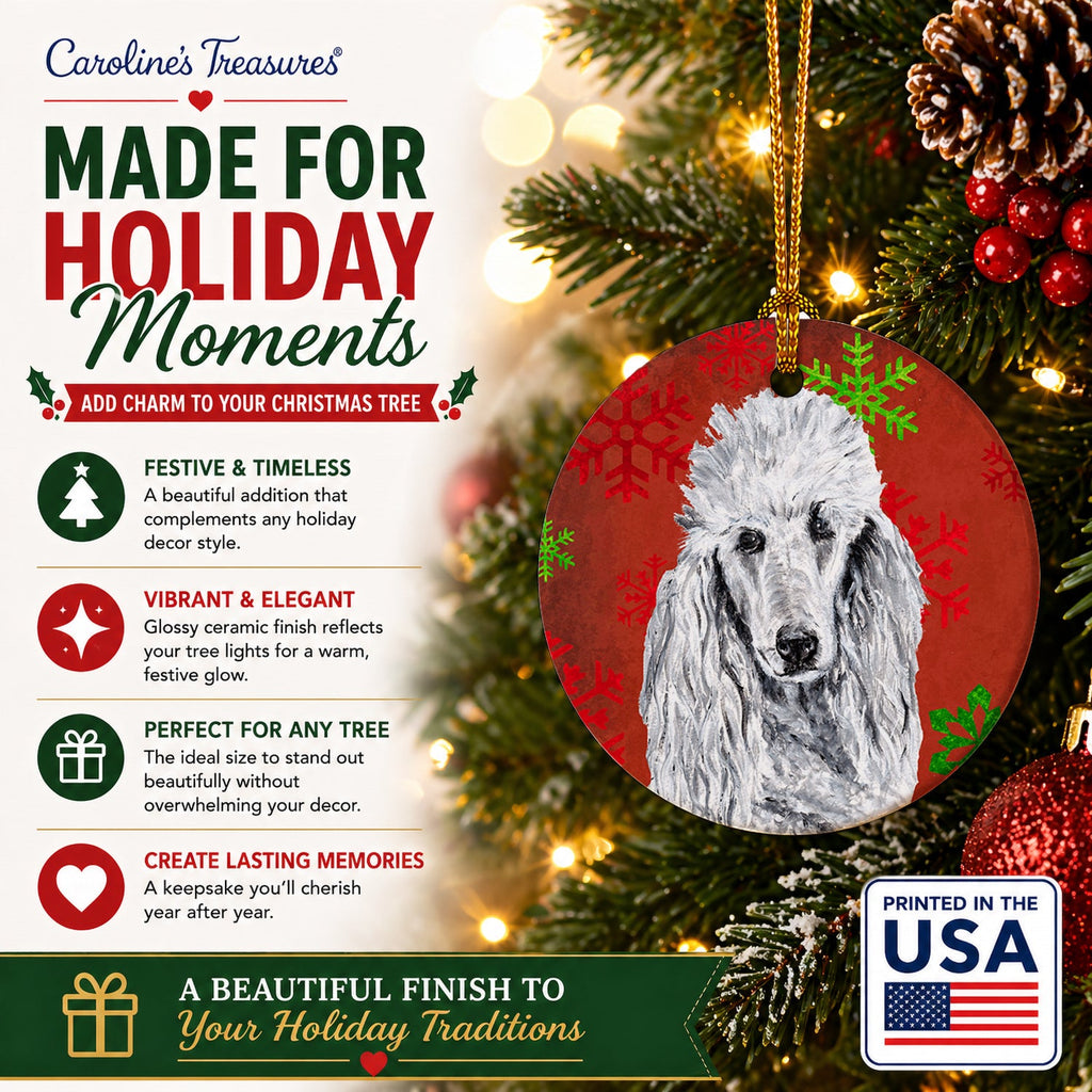White Standard Poodle Red Snowflakes Holiday Ceramic Ornament Christmas Tree Hanging Decorations for Home Christmas Holiday, Party, Gift, 3 in, Multicolor