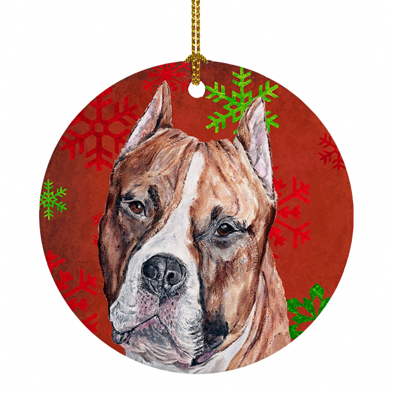 Staffordshire Bull Terrier Staffie Red Snowflakes Holiday Ceramic Ornament Christmas Tree Hanging Decorations for Home Christmas Holiday, Party, Gift, 3 in, Multicolor