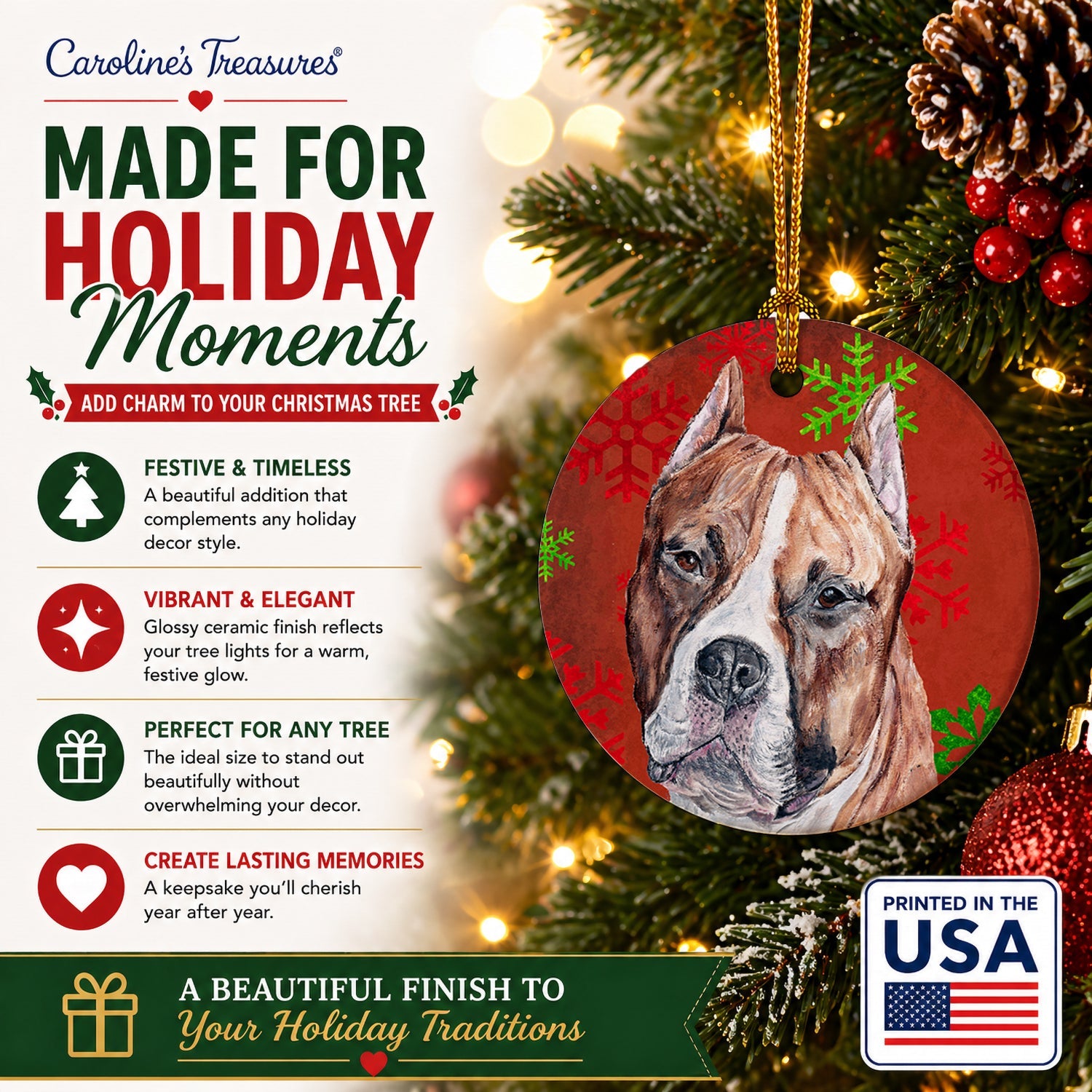 Staffordshire Bull Terrier Staffie Red Snowflakes Holiday Ceramic Ornament Christmas Tree Hanging Decorations for Home Christmas Holiday, Party, Gift, 3 in, Multicolor