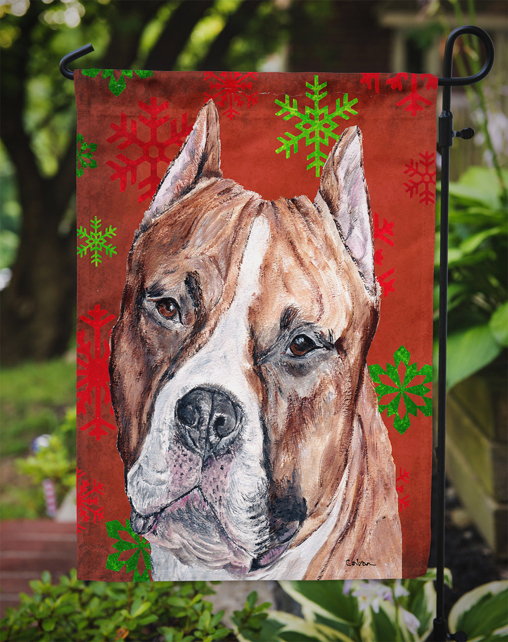 Staffordshire Bull Terrier Staffie Red Snowflakes Holiday Garden Flag Mailbox Decorative Yard Banner Outside Patio Artwork for Flower Beds, Garden Size, Multicolor