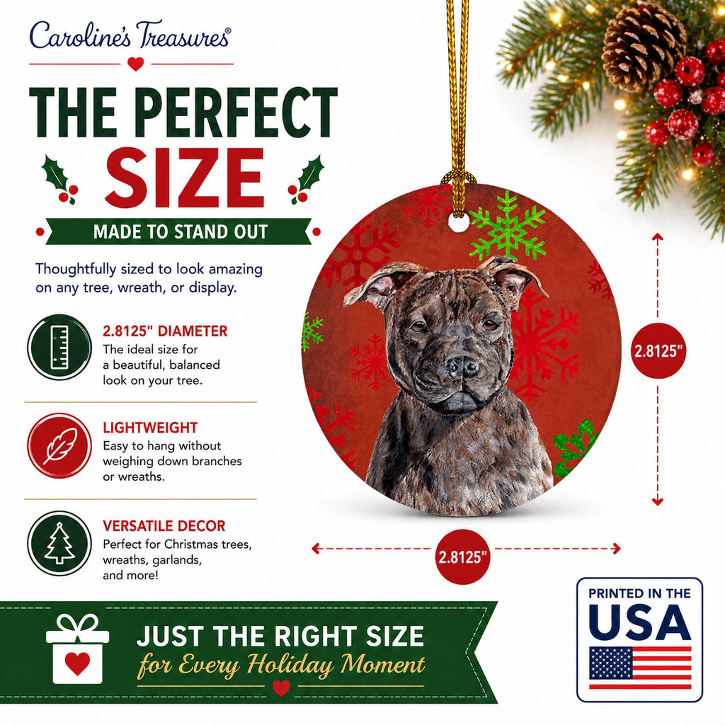 Staffordshire Bull Terrier Staffie Red Snowflakes Holiday Ceramic Ornament Christmas Tree Hanging Decorations for Home Christmas Holiday, Party, Gift, 3 in, Multicolor