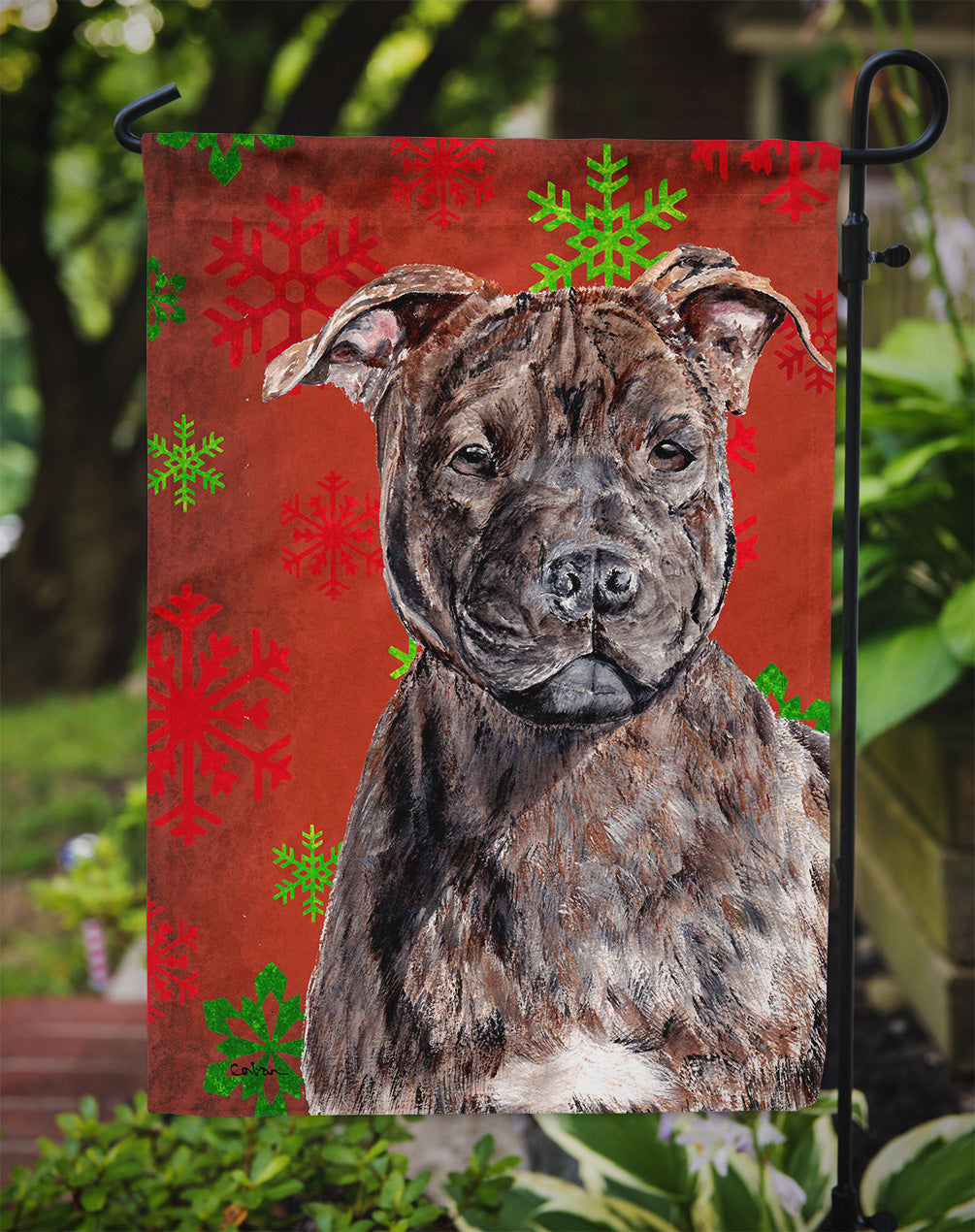 Staffordshire Bull Terrier Staffie Red Snowflakes Holiday Garden Flag Mailbox Decorative Yard Banner Outside Patio Artwork for Flower Beds, Garden Size, Multicolor