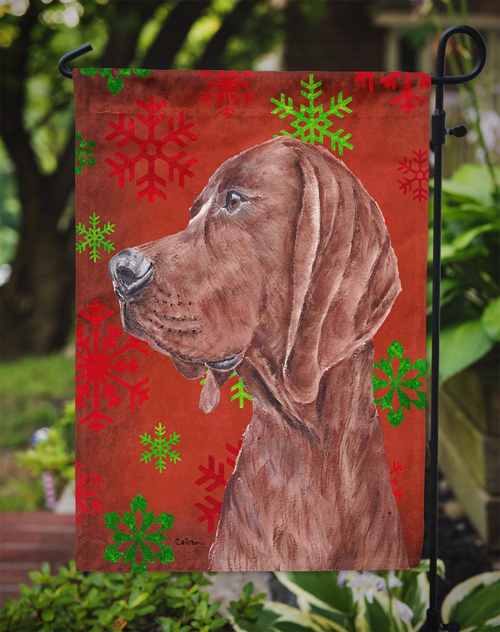Redbone Coonhound Red Snowflakes Holiday Garden Flag Mailbox Decorative Yard Banner Outside Patio Artwork for Flower Beds, Garden Size, Multicolor