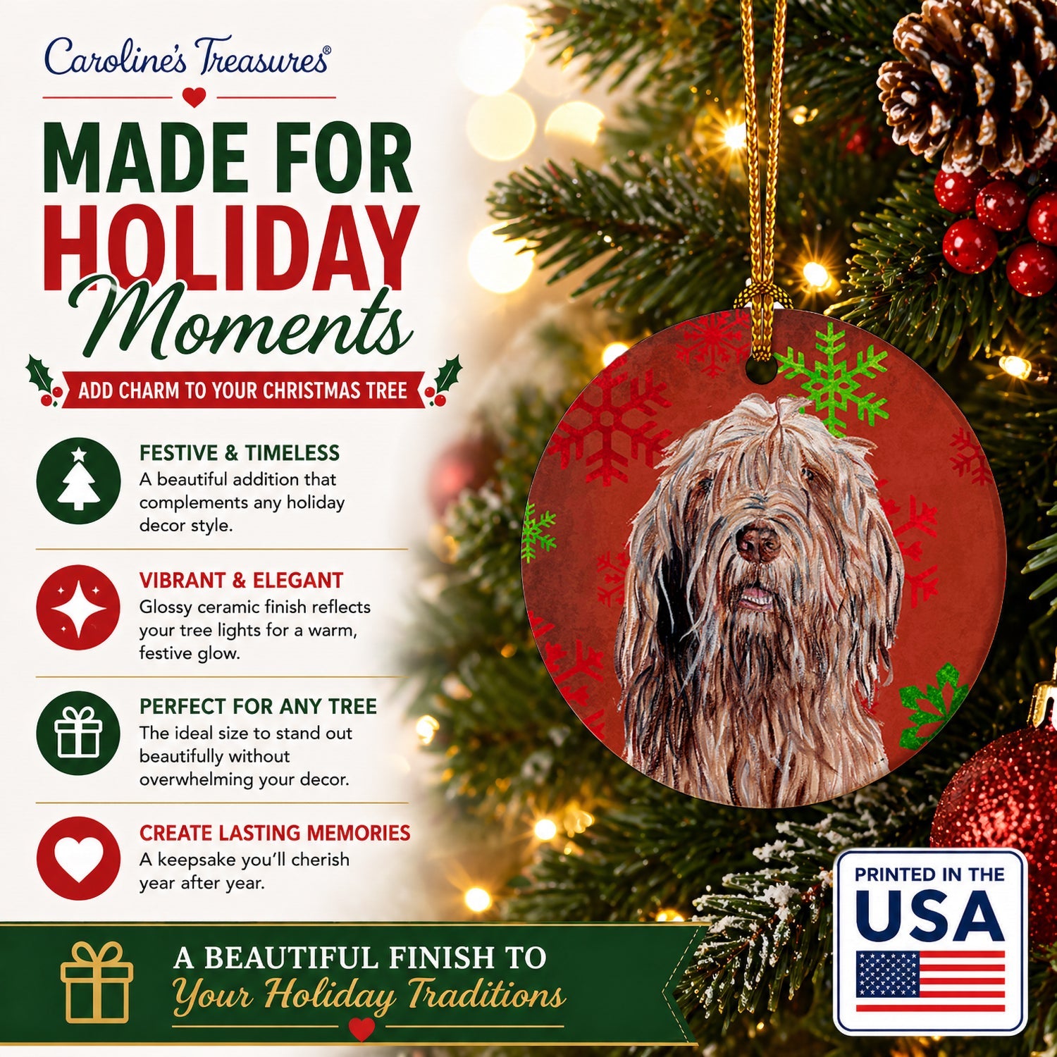 Otterhound Red Snowflakes Holiday Ceramic Ornament Christmas Tree Hanging Decorations for Home Christmas Holiday, Party, Gift, 3 in, Multicolor