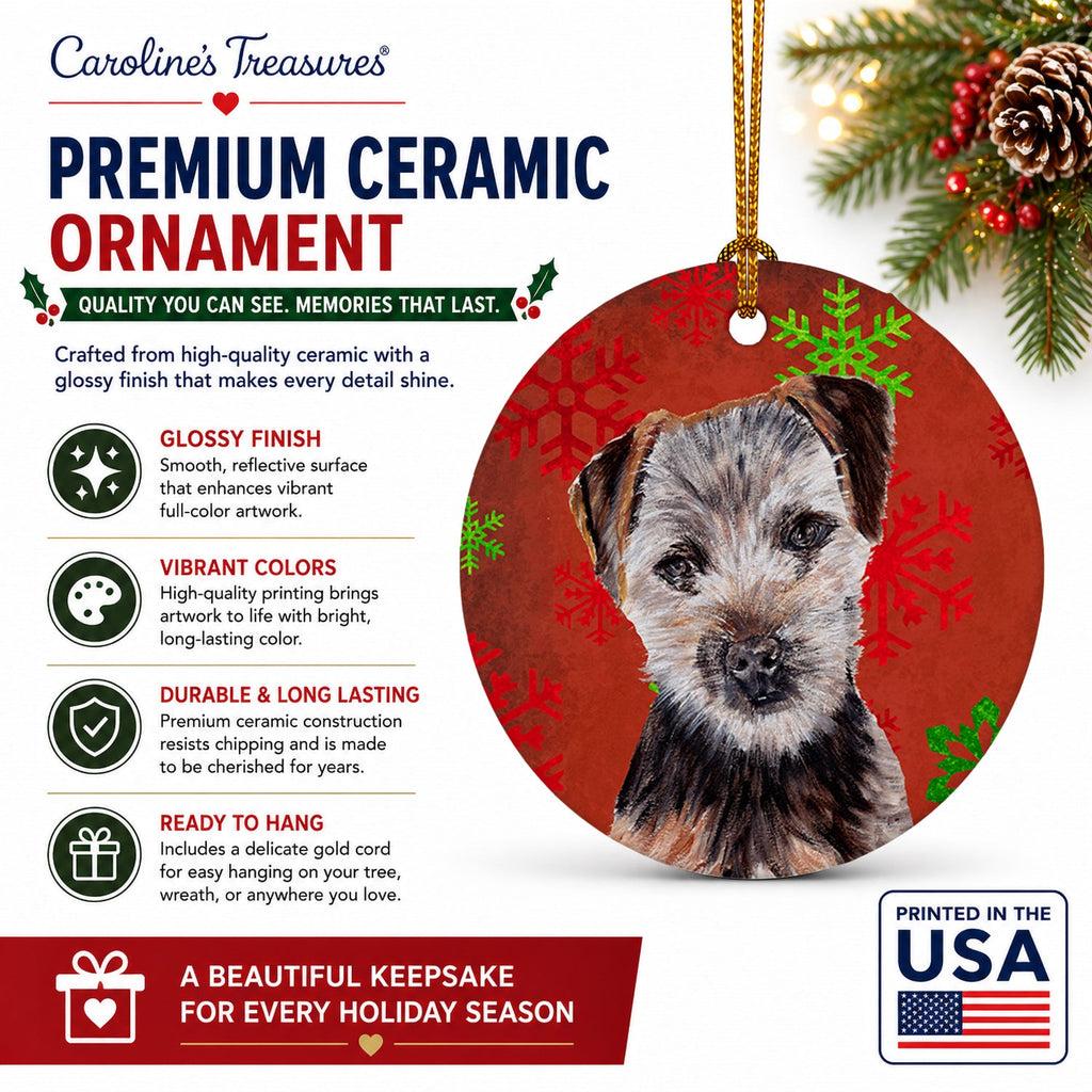 Norfolk Terrier Puppy Red Snowflakes Holiday Ceramic Ornament Christmas Tree Hanging Decorations for Home Christmas Holiday, Party, Gift, 3 in, Multicolor