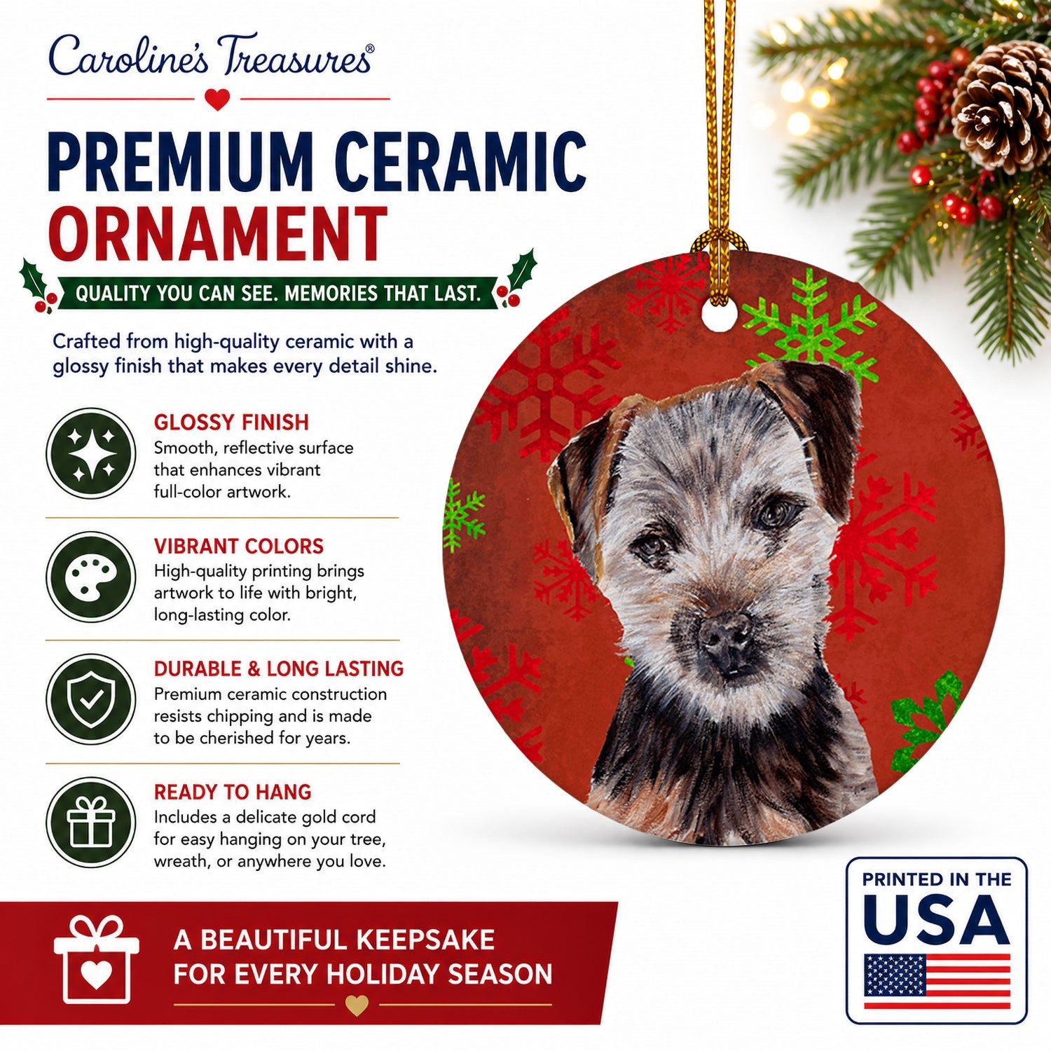 Norfolk Terrier Puppy Red Snowflakes Holiday Ceramic Ornament Christmas Tree Hanging Decorations for Home Christmas Holiday, Party, Gift, 3 in, Multicolor