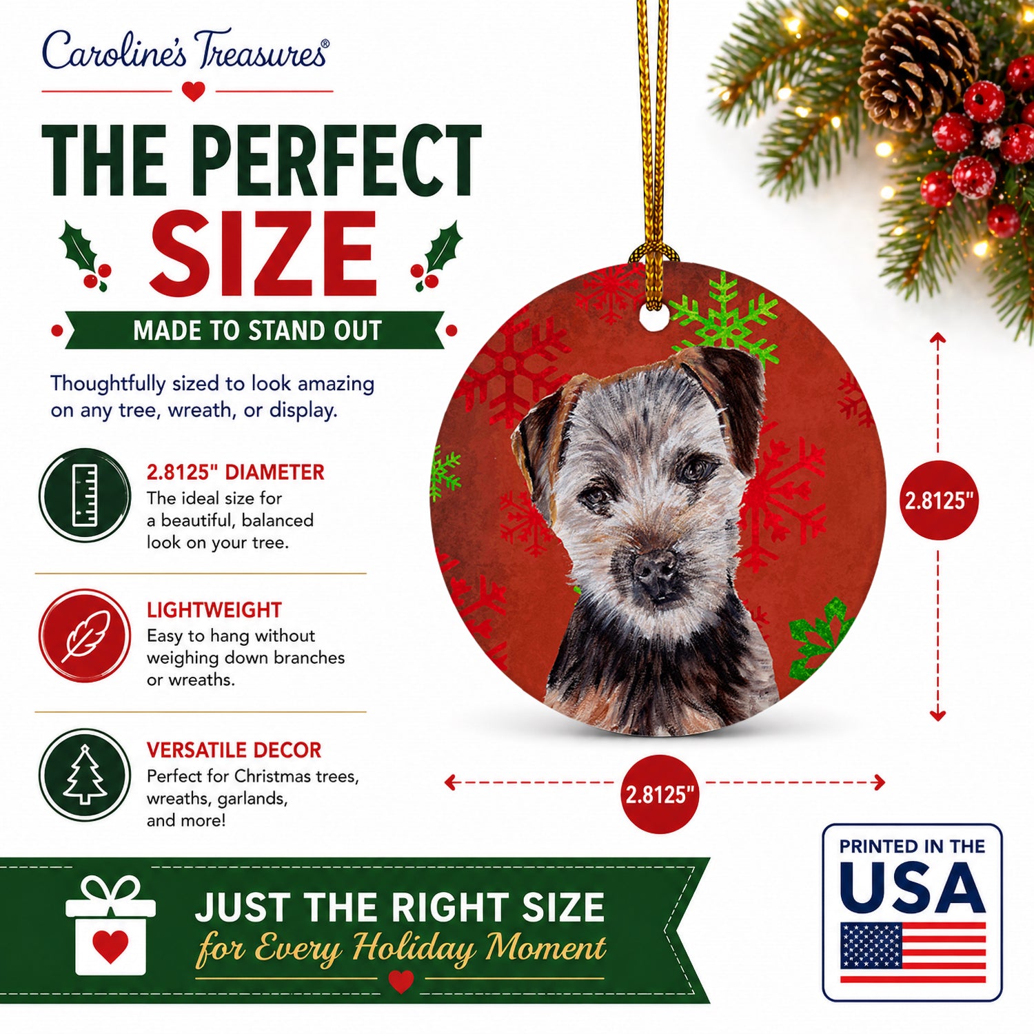 Norfolk Terrier Puppy Red Snowflakes Holiday Ceramic Ornament Christmas Tree Hanging Decorations for Home Christmas Holiday, Party, Gift, 3 in, Multicolor