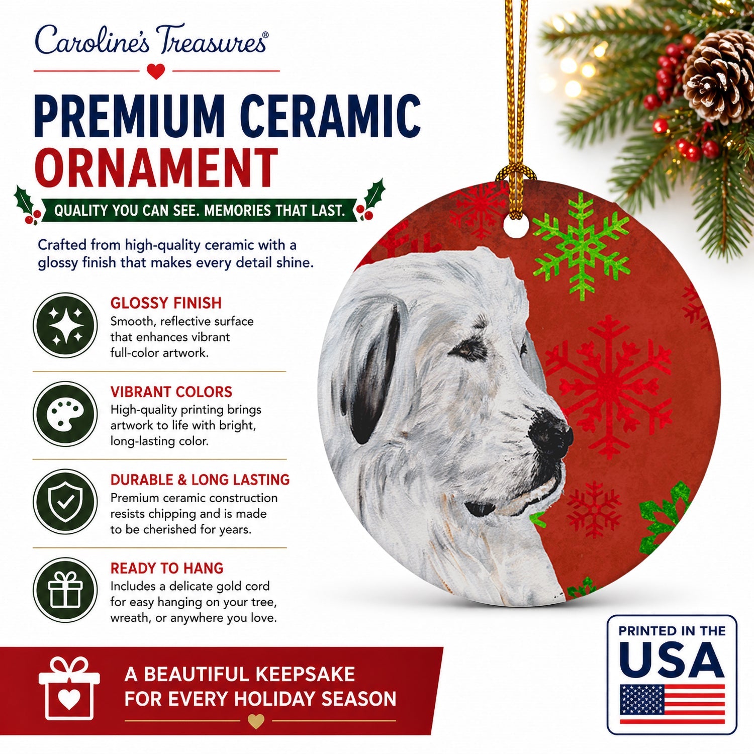 Great Pyrenees Red Snowflakes Holiday Ceramic Ornament Christmas Tree Hanging Decorations for Home Christmas Holiday, Party, Gift, 3 in, Multicolor
