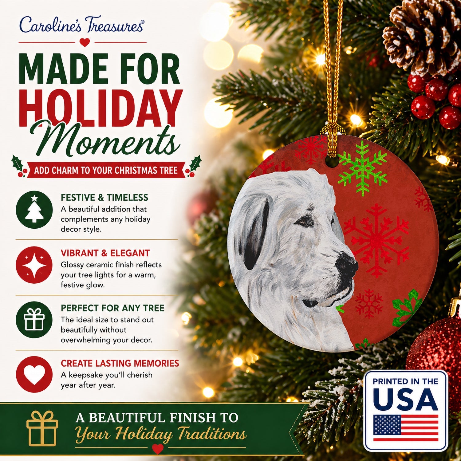 Great Pyrenees Red Snowflakes Holiday Ceramic Ornament Christmas Tree Hanging Decorations for Home Christmas Holiday, Party, Gift, 3 in, Multicolor