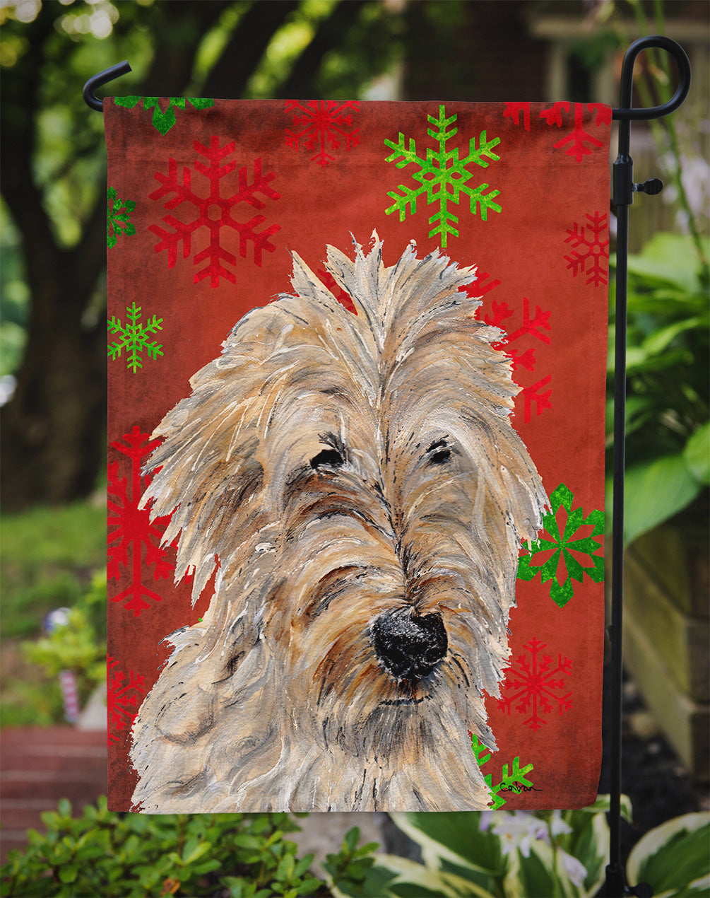 Golden Doodle 2 Red Snowflakes Holiday Garden Flag Mailbox Decorative Yard Banner Outside Patio Artwork for Flower Beds, Garden Size, Multicolor