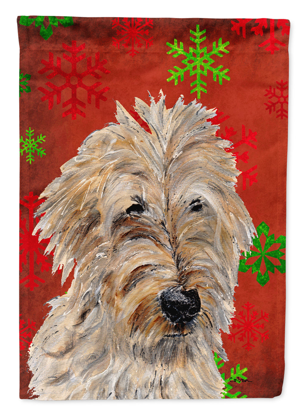 Golden Doodle 2 Red Snowflakes Holiday Garden Flag Mailbox Decorative Yard Banner Outside Patio Artwork for Flower Beds, Garden Size, Multicolor