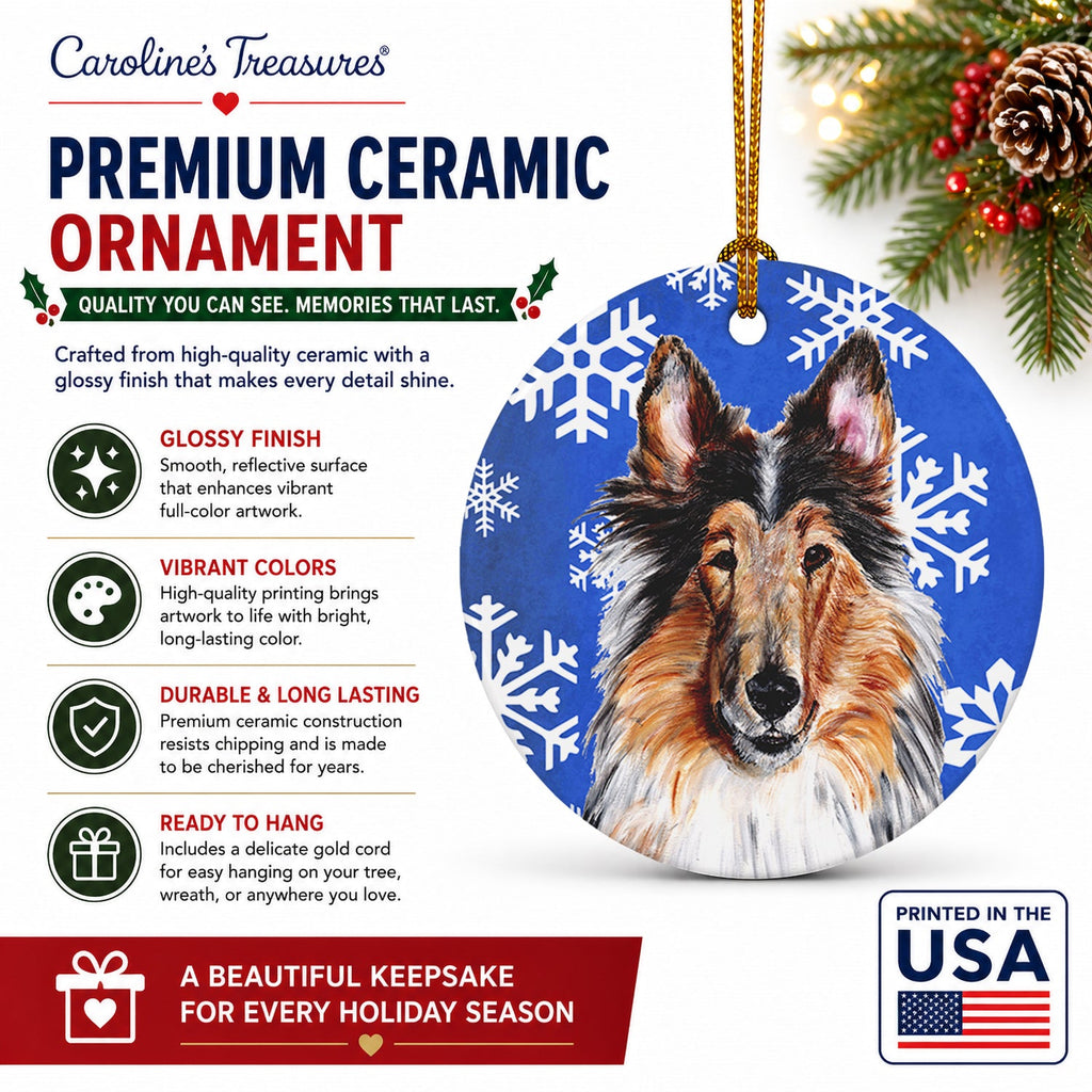 Collie Winter Snowflakes Ceramic Ornament Christmas Tree Hanging Decorations for Home Christmas Holiday, Party, Gift, 3 in, Multicolor