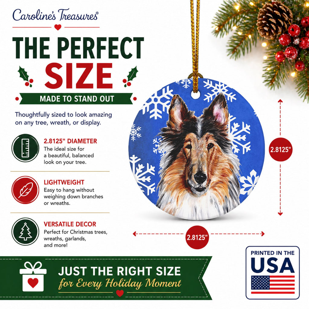 Collie Winter Snowflakes Ceramic Ornament Christmas Tree Hanging Decorations for Home Christmas Holiday, Party, Gift, 3 in, Multicolor