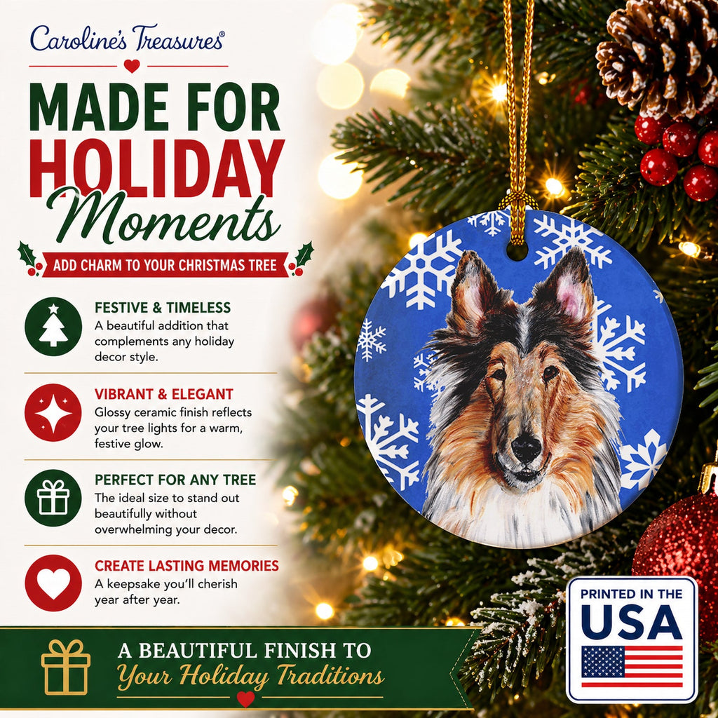 Collie Winter Snowflakes Ceramic Ornament Christmas Tree Hanging Decorations for Home Christmas Holiday, Party, Gift, 3 in, Multicolor