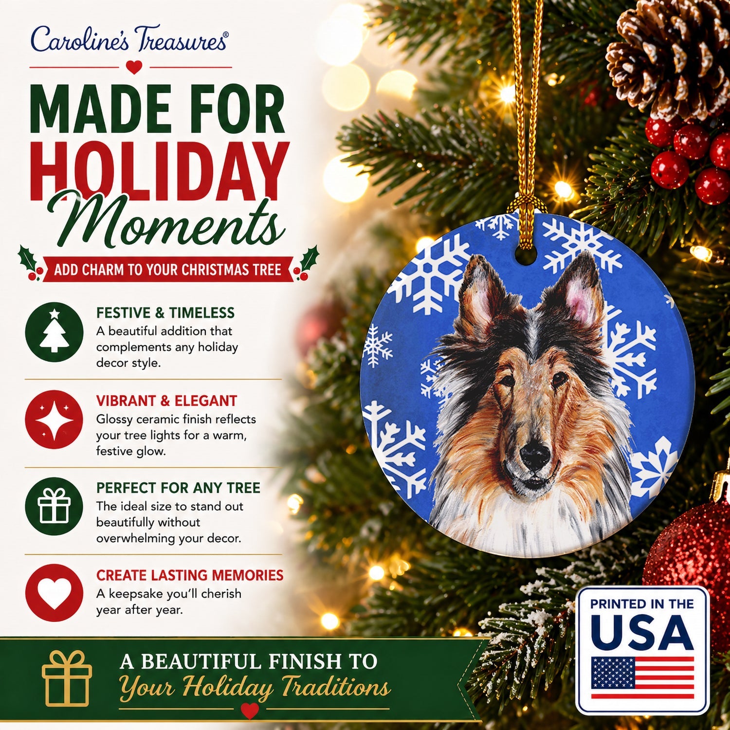 Collie Winter Snowflakes Ceramic Ornament Christmas Tree Hanging Decorations for Home Christmas Holiday, Party, Gift, 3 in, Multicolor
