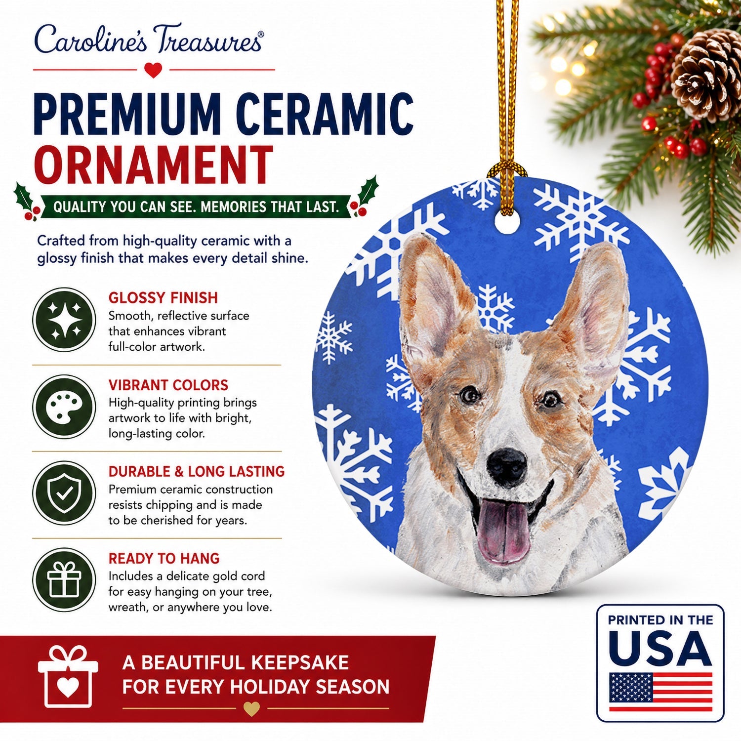 Cardigan Corgi Winter Snowflakes Ceramic Ornament Christmas Tree Hanging Decorations for Home Christmas Holiday, Party, Gift, 3 in, Multicolor