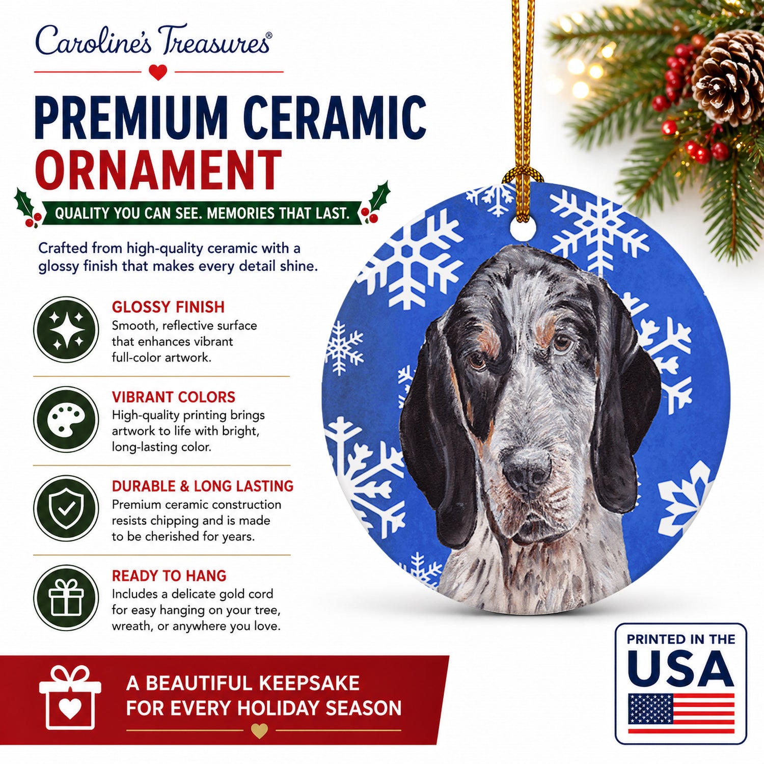 Blue Tick Coonhound Winter Snowflakes Ceramic Ornament Christmas Tree Hanging Decorations for Home Christmas Holiday, Party, Gift, 3 in, Multicolor