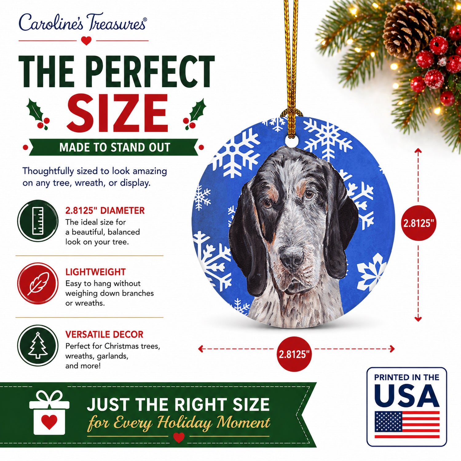 Blue Tick Coonhound Winter Snowflakes Ceramic Ornament Christmas Tree Hanging Decorations for Home Christmas Holiday, Party, Gift, 3 in, Multicolor