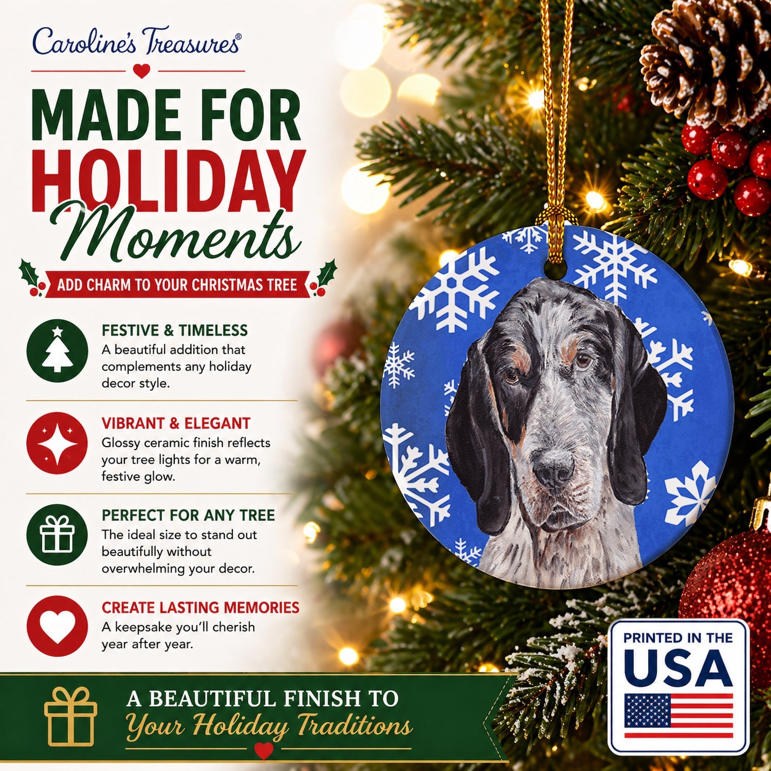 Blue Tick Coonhound Winter Snowflakes Ceramic Ornament Christmas Tree Hanging Decorations for Home Christmas Holiday, Party, Gift, 3 in, Multicolor
