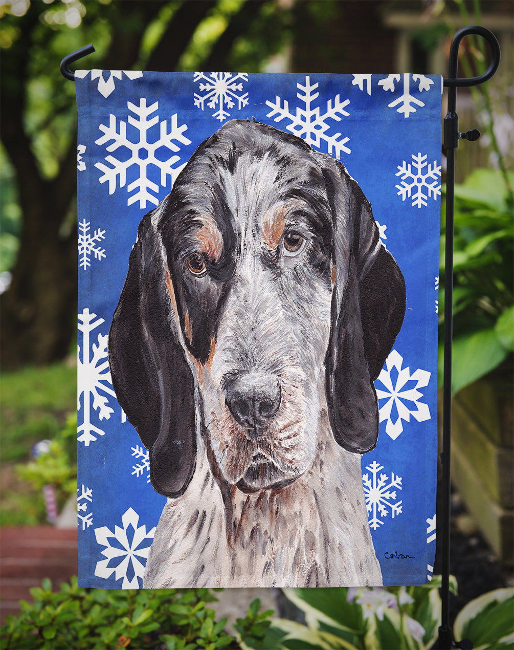 Blue Tick Coonhound Winter Snowflakes Garden Flag Mailbox Decorative Yard Banner Outside Patio Artwork for Flower Beds, Garden Size, Multicolor