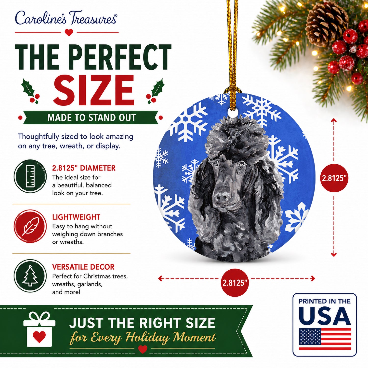 Black Standard Poodle Winter Snowflakes Ceramic Ornament Christmas Tree Hanging Decorations for Home Christmas Holiday, Party, Gift, 3 in, Multicolor