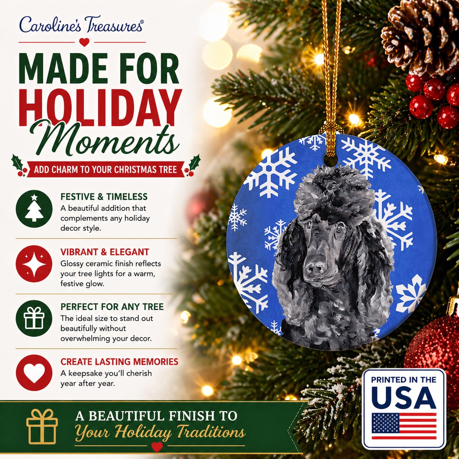 Black Standard Poodle Winter Snowflakes Ceramic Ornament Christmas Tree Hanging Decorations for Home Christmas Holiday, Party, Gift, 3 in, Multicolor