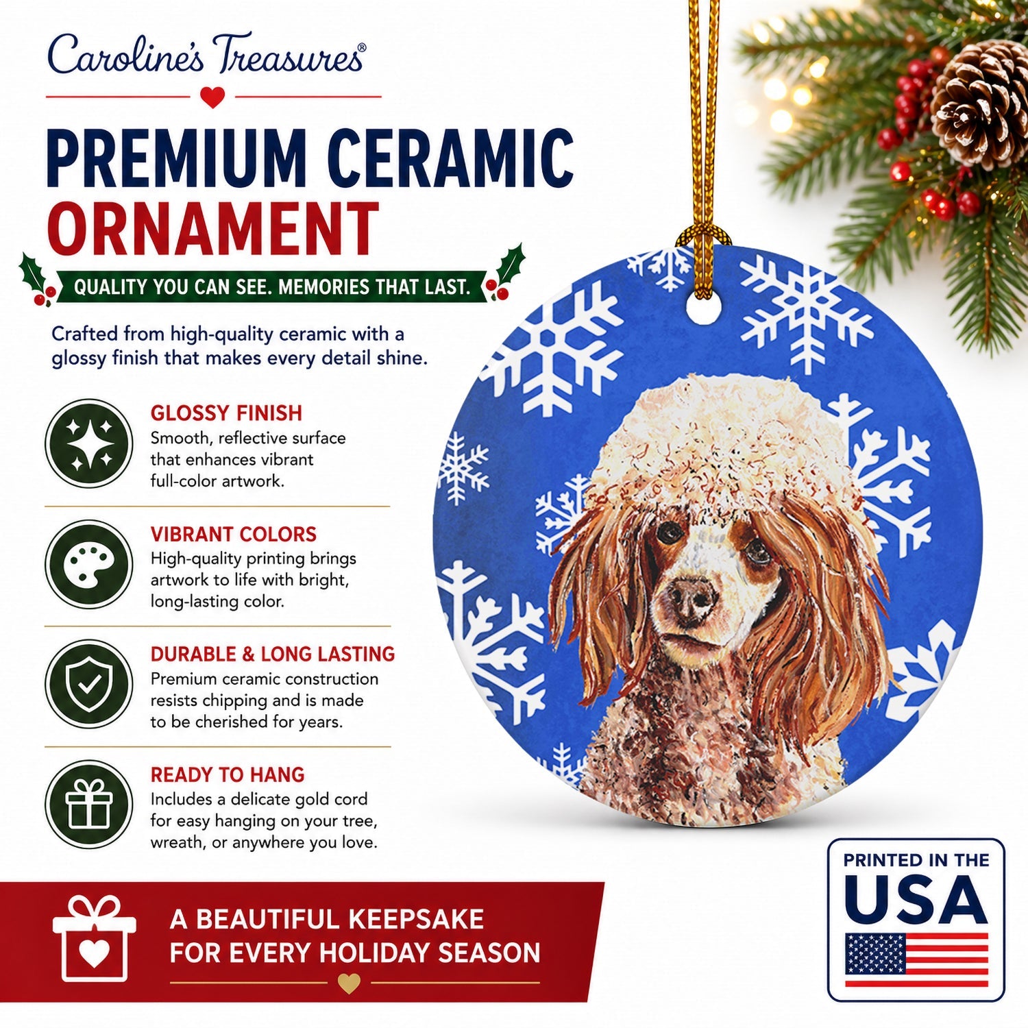 Red Miniature Poodle Winter Snowflakes Ceramic Ornament Christmas Tree Hanging Decorations for Home Christmas Holiday, Party, Gift, 3 in, Multicolor