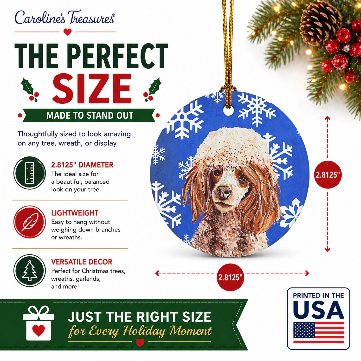 Red Miniature Poodle Winter Snowflakes Ceramic Ornament Christmas Tree Hanging Decorations for Home Christmas Holiday, Party, Gift, 3 in, Multicolor
