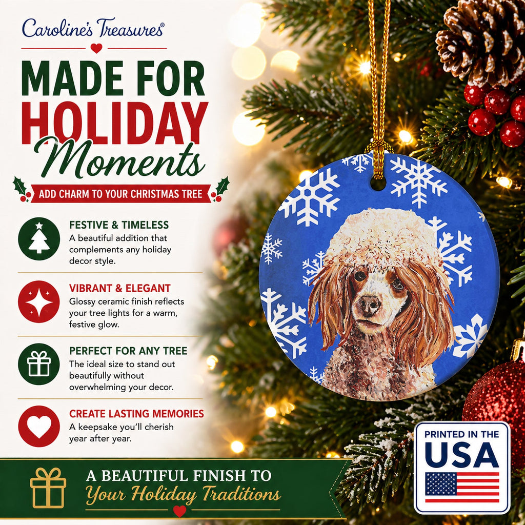 Red Miniature Poodle Winter Snowflakes Ceramic Ornament Christmas Tree Hanging Decorations for Home Christmas Holiday, Party, Gift, 3 in, Multicolor