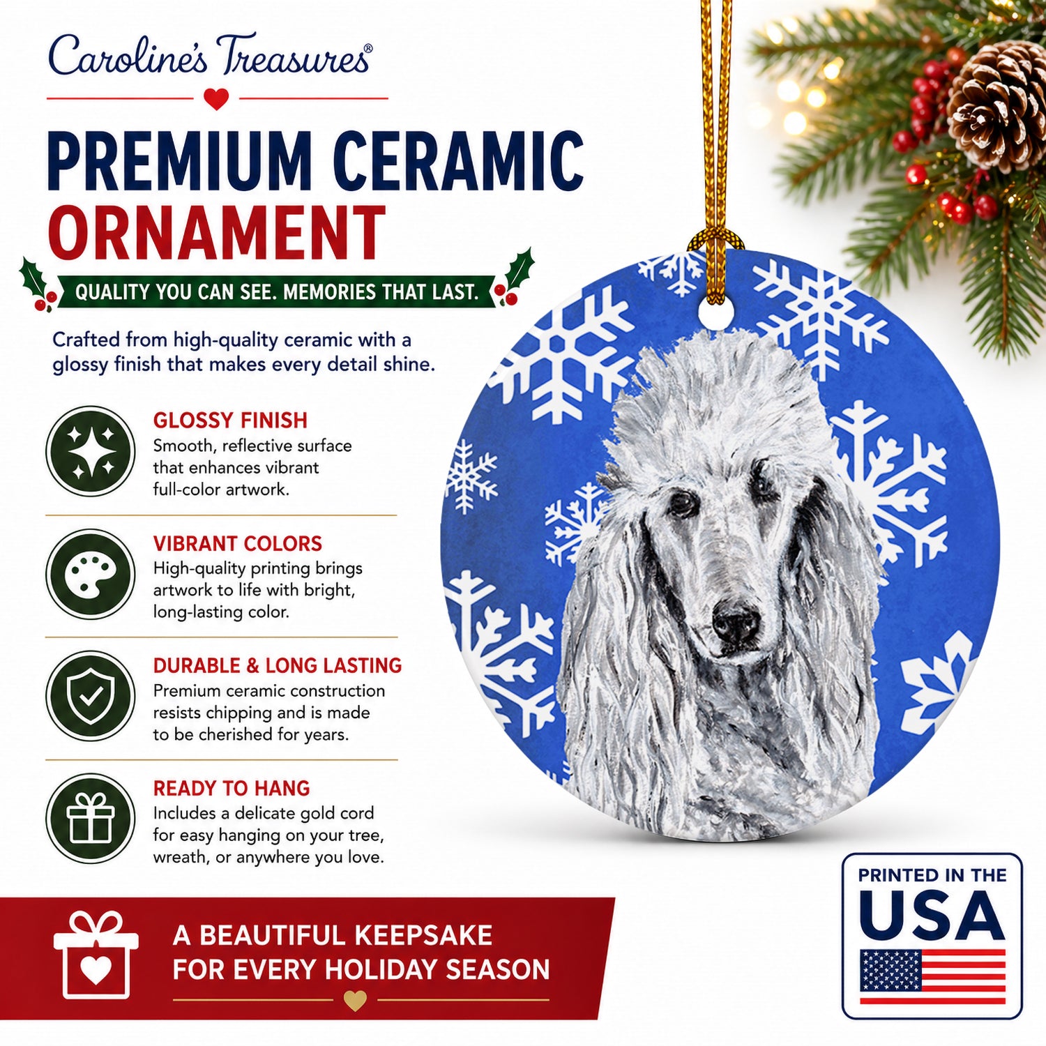 White Standard Poodle Winter Snowflakes Ceramic Ornament Christmas Tree Hanging Decorations for Home Christmas Holiday, Party, Gift, 3 in, Multicolor