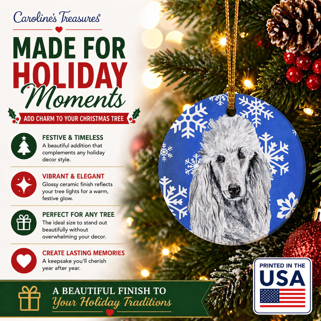White Standard Poodle Winter Snowflakes Ceramic Ornament Christmas Tree Hanging Decorations for Home Christmas Holiday, Party, Gift, 3 in, Multicolor