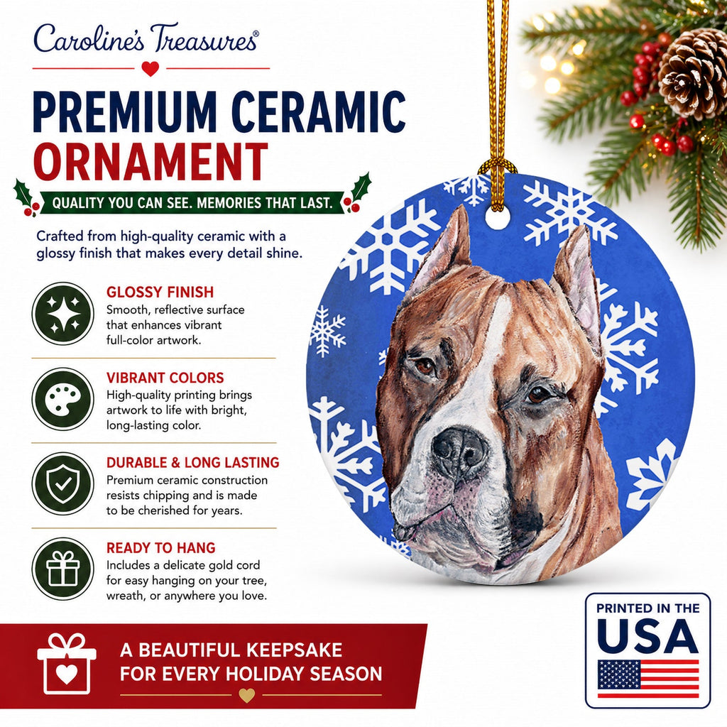 Staffordshire Bull Terrier Staffie Winter Snowflakes Ceramic Ornament Christmas Tree Hanging Decorations for Home Christmas Holiday, Party, Gift, 3 in, Multicolor