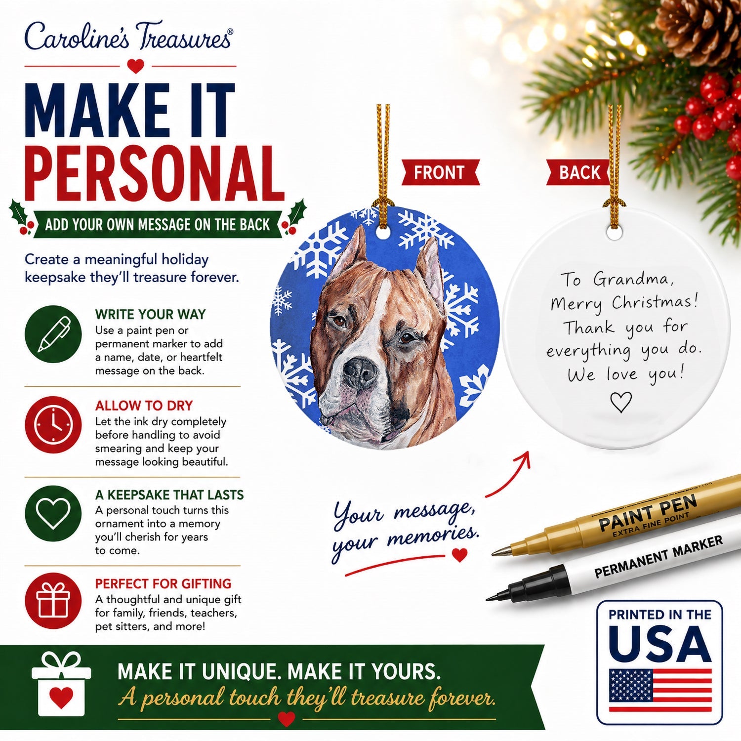 Staffordshire Bull Terrier Staffie Winter Snowflakes Ceramic Ornament Christmas Tree Hanging Decorations for Home Christmas Holiday, Party, Gift, 3 in, Multicolor