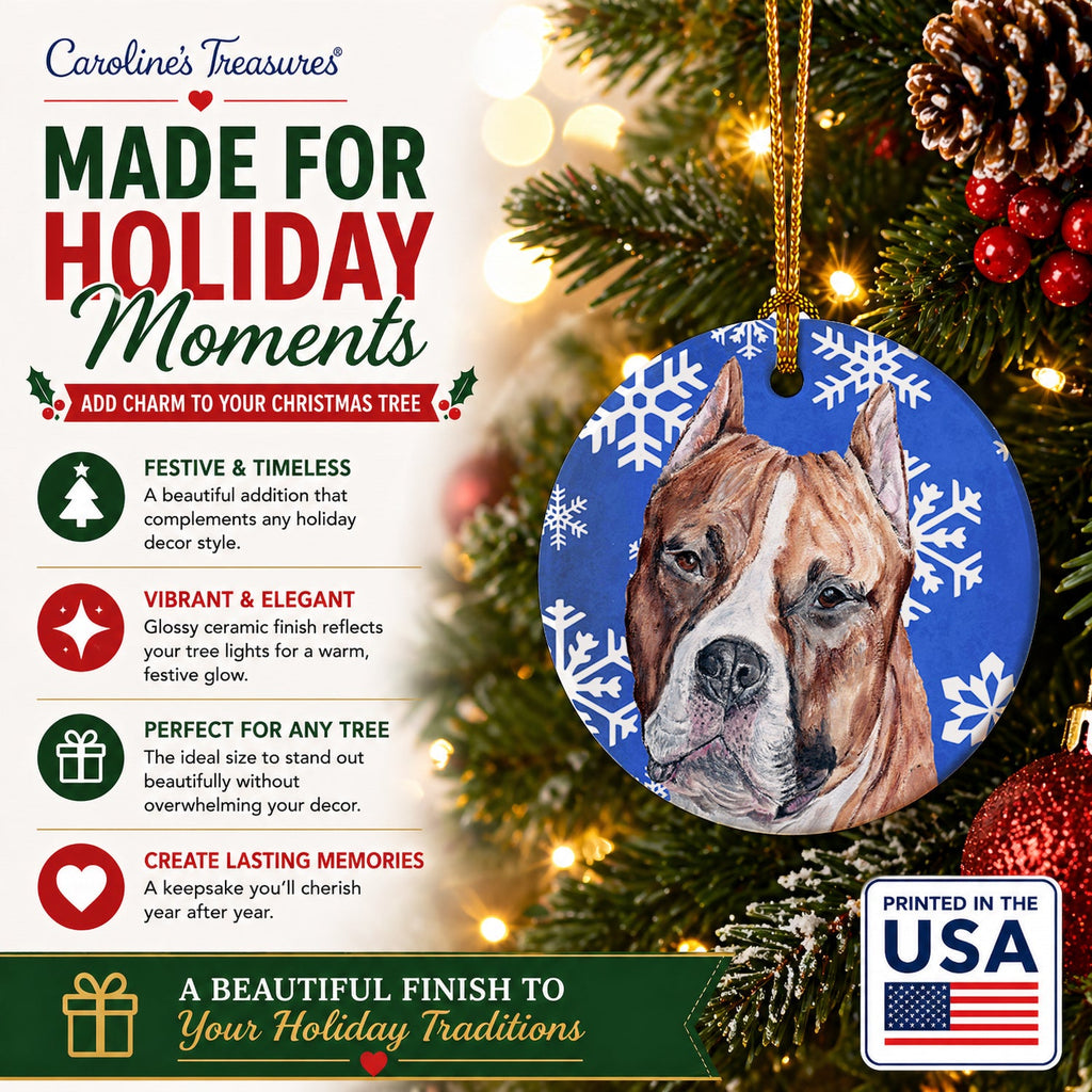 Staffordshire Bull Terrier Staffie Winter Snowflakes Ceramic Ornament Christmas Tree Hanging Decorations for Home Christmas Holiday, Party, Gift, 3 in, Multicolor