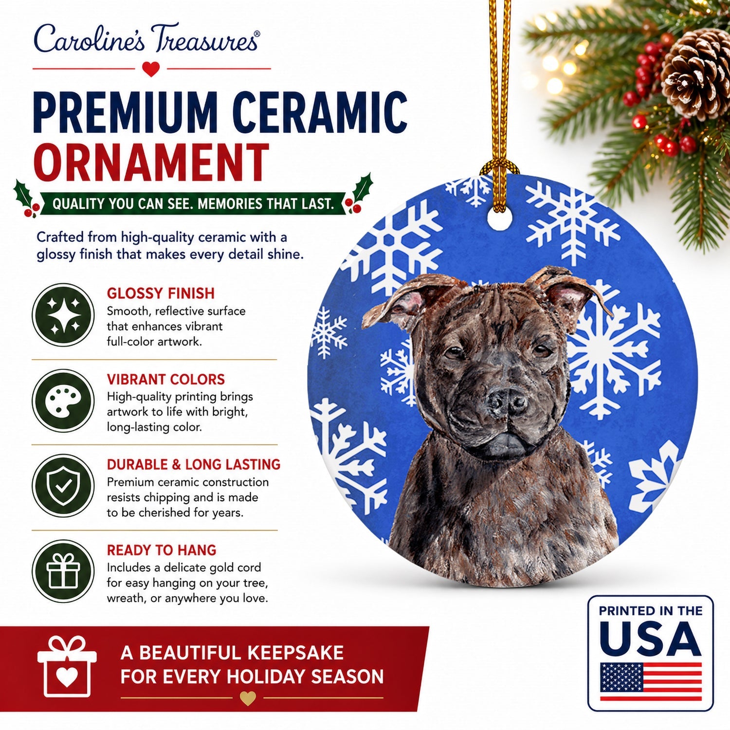 Staffordshire Bull Terrier Staffie Winter Snowflakes Ceramic Ornament Christmas Tree Hanging Decorations for Home Christmas Holiday, Party, Gift, 3 in, Multicolor