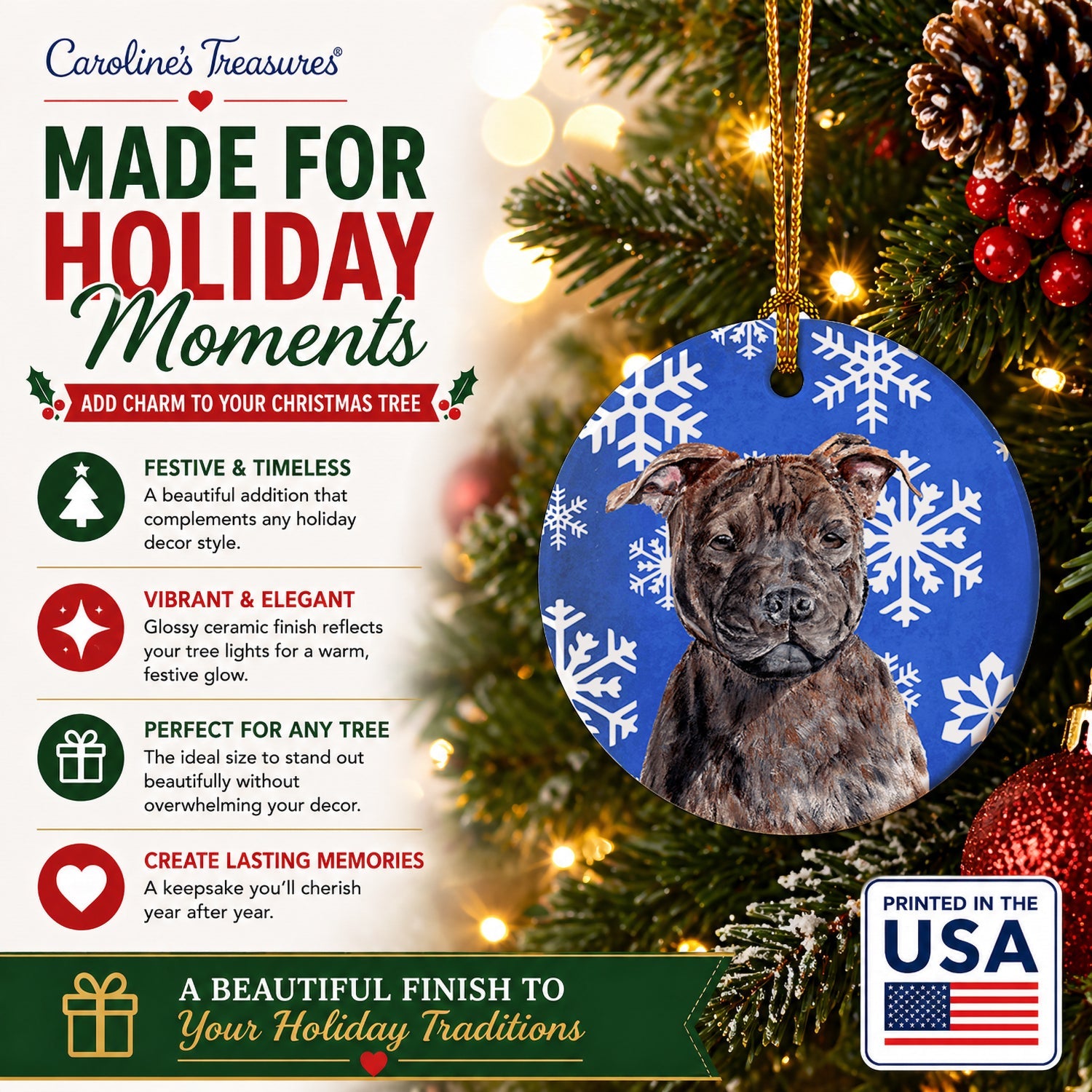 Staffordshire Bull Terrier Staffie Winter Snowflakes Ceramic Ornament Christmas Tree Hanging Decorations for Home Christmas Holiday, Party, Gift, 3 in, Multicolor