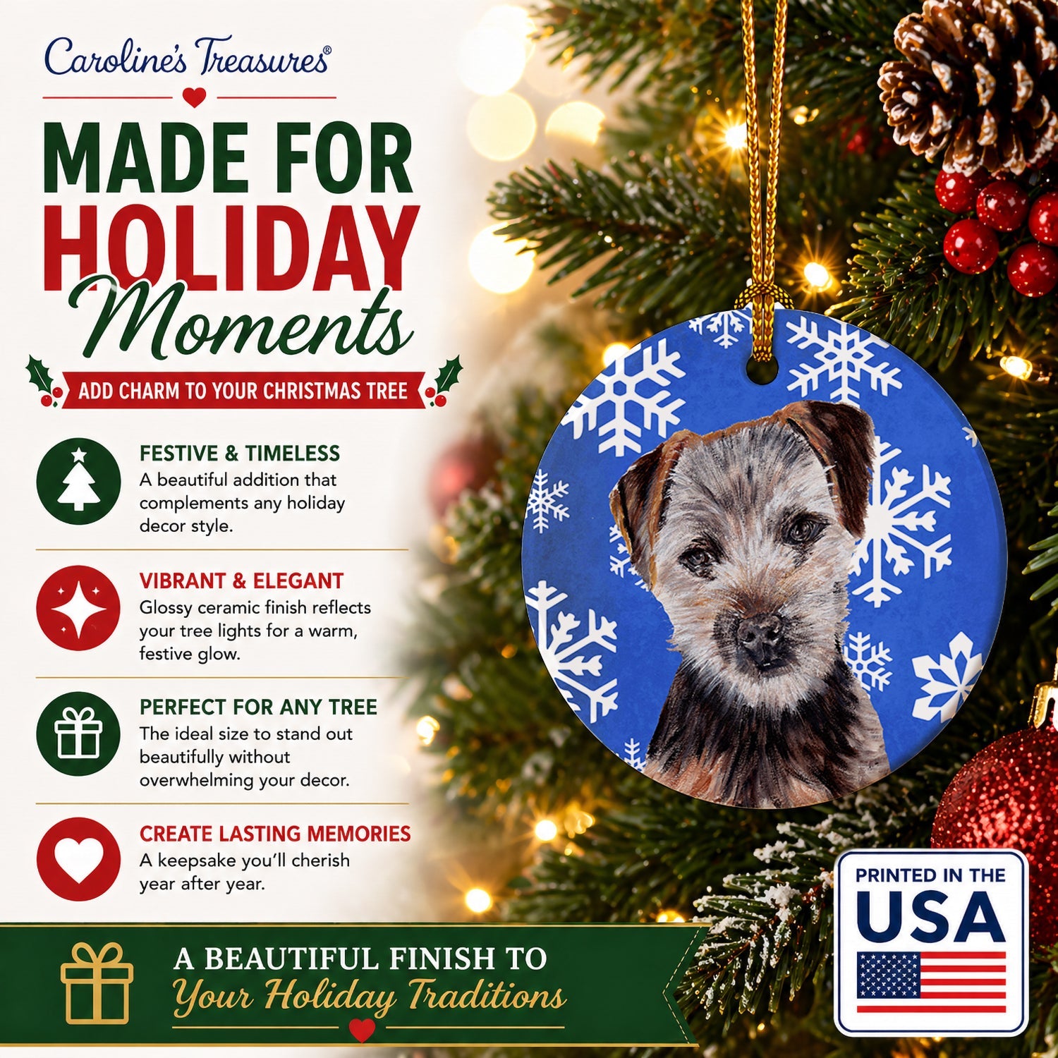 Norfolk Terrier Puppy Winter Snowflakes Ceramic Ornament Christmas Tree Hanging Decorations for Home Christmas Holiday, Party, Gift, 3 in, Multicolor