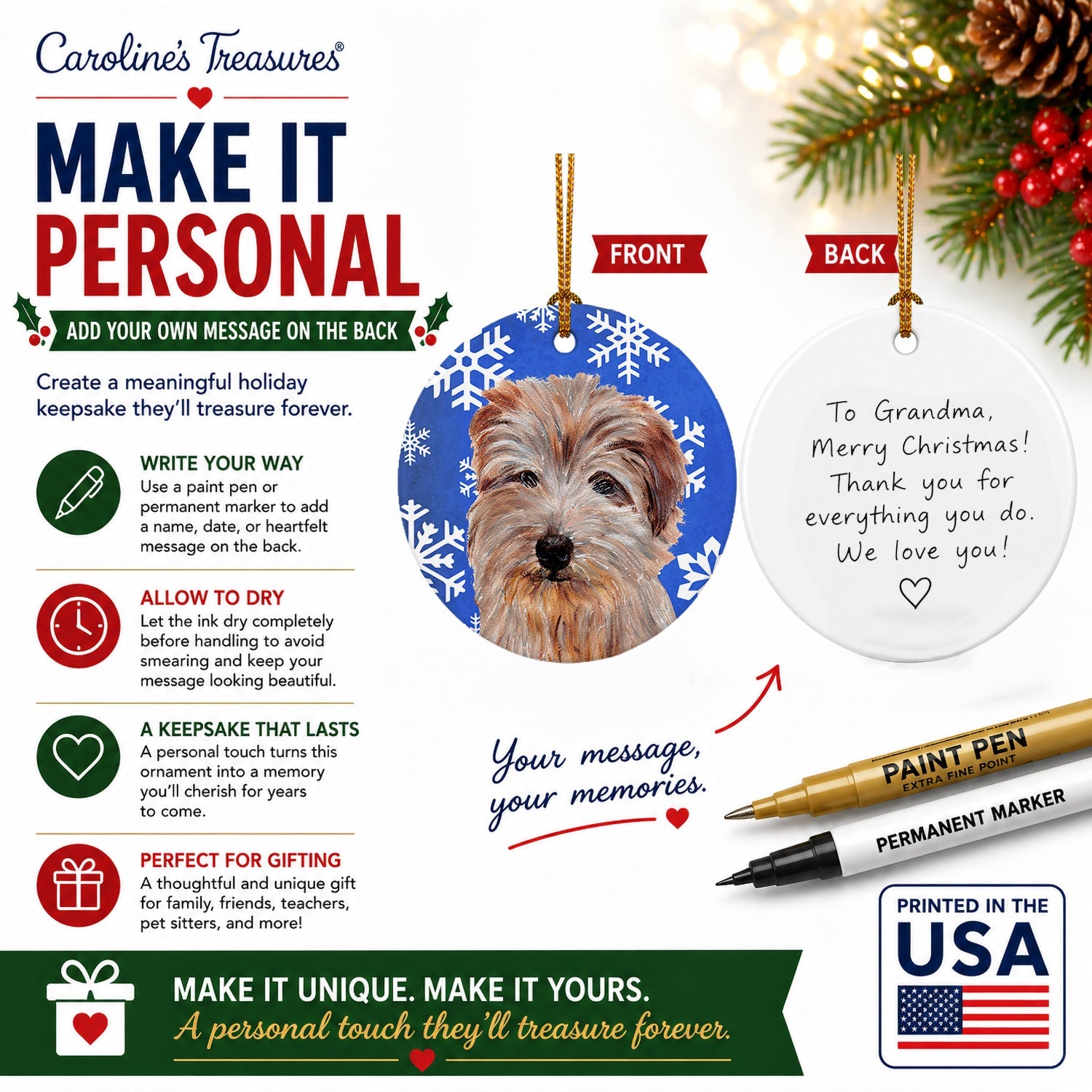 Norfolk Terrier Winter Snowflakes Ceramic Ornament Christmas Tree Hanging Decorations for Home Christmas Holiday, Party, Gift, 3 in, Multicolor