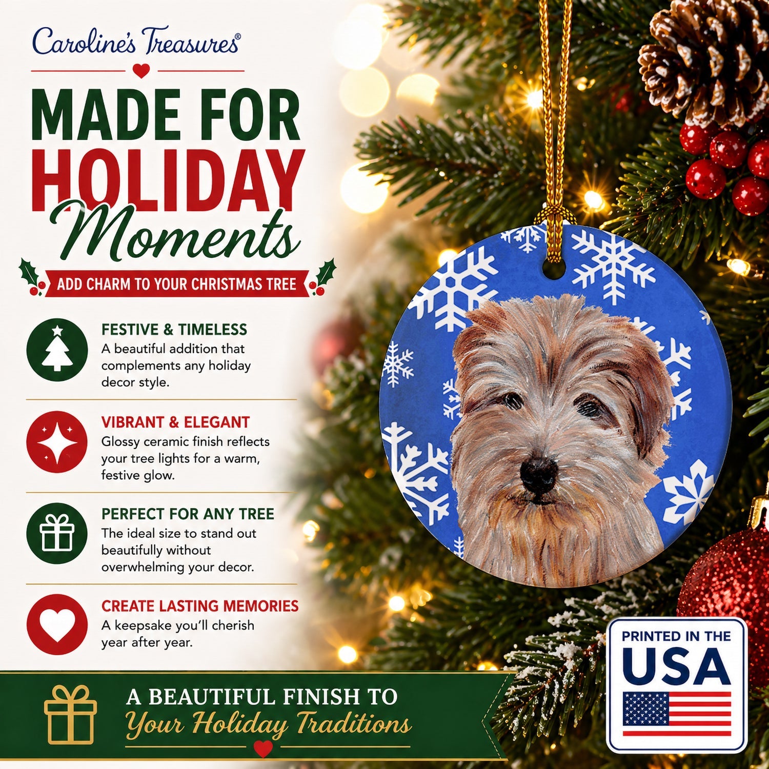 Norfolk Terrier Winter Snowflakes Ceramic Ornament Christmas Tree Hanging Decorations for Home Christmas Holiday, Party, Gift, 3 in, Multicolor
