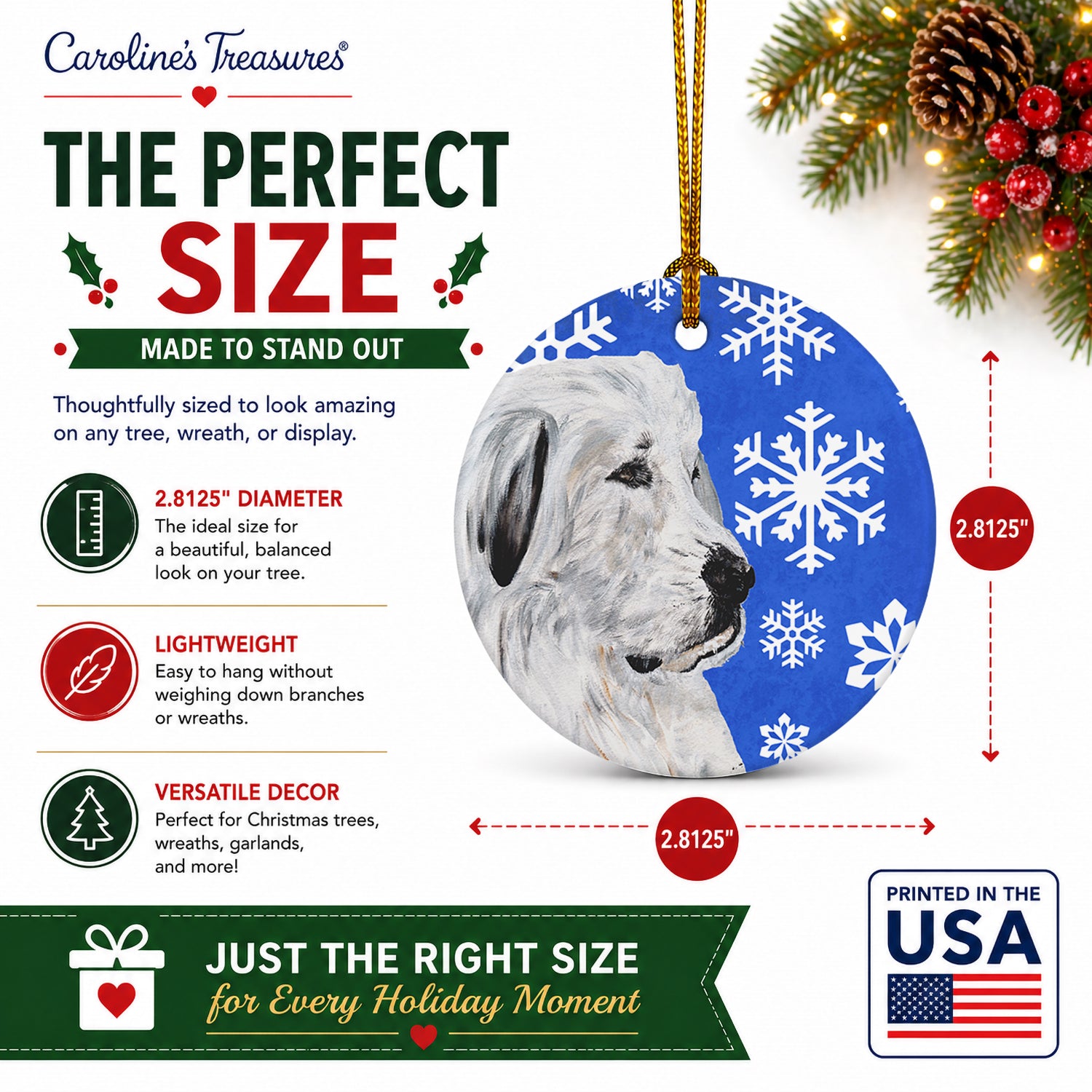 Great Pyrenees Winter Snowflakes Ceramic Ornament Christmas Tree Hanging Decorations for Home Christmas Holiday, Party, Gift, 3 in, Multicolor