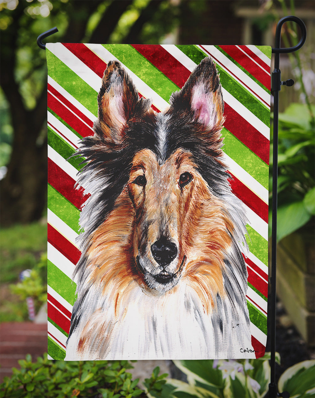 Collie Candy Cane Christmas Garden Flag Mailbox Decorative Yard Banner Outside Patio Artwork for Flower Beds, Garden Size, Multicolor
