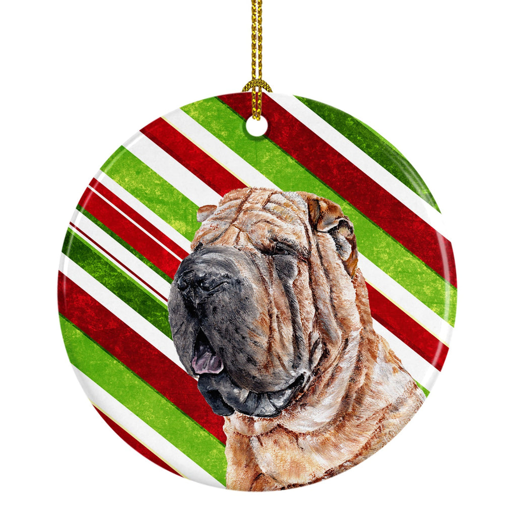 Shar Pei Candy Cane Christmas Ceramic Ornament Christmas Tree Hanging Decorations for Home Christmas Holiday, Party, Gift, 3 in, Multicolor